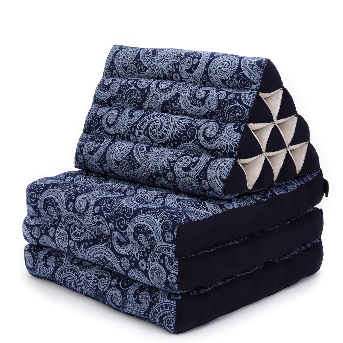 Thai Folding Mat with Triangle Cushion – Handmade Kapok Relax Mat for Sleeping, Reading & Lounging, Cbt1 - Blue, 3 seating segments