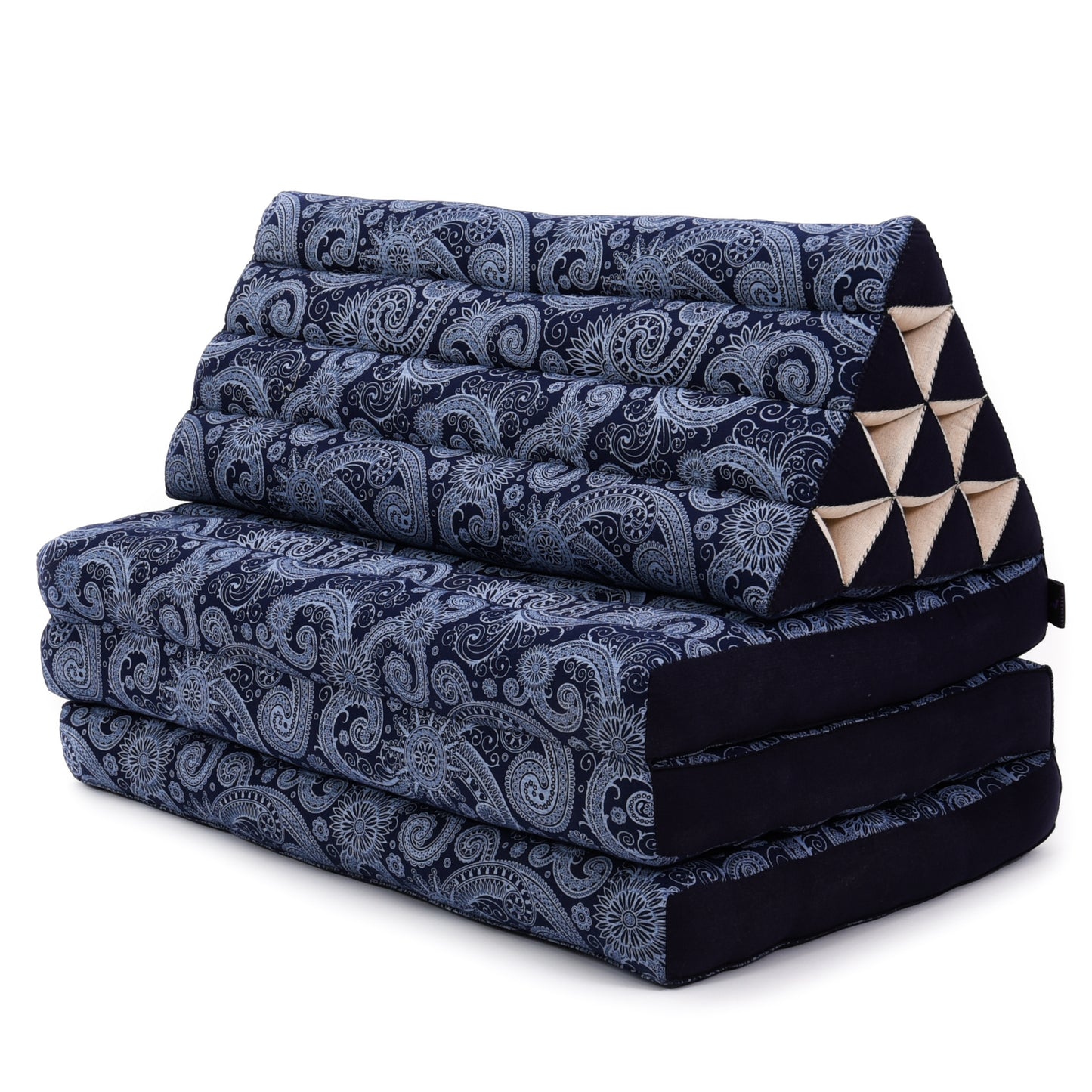 Thai Folding Mat with Triangle Cushion – Handmade Kapok Relax Mat for Sleeping, Reading & Lounging, Cbt1 - Blue, 3 seating segments XL