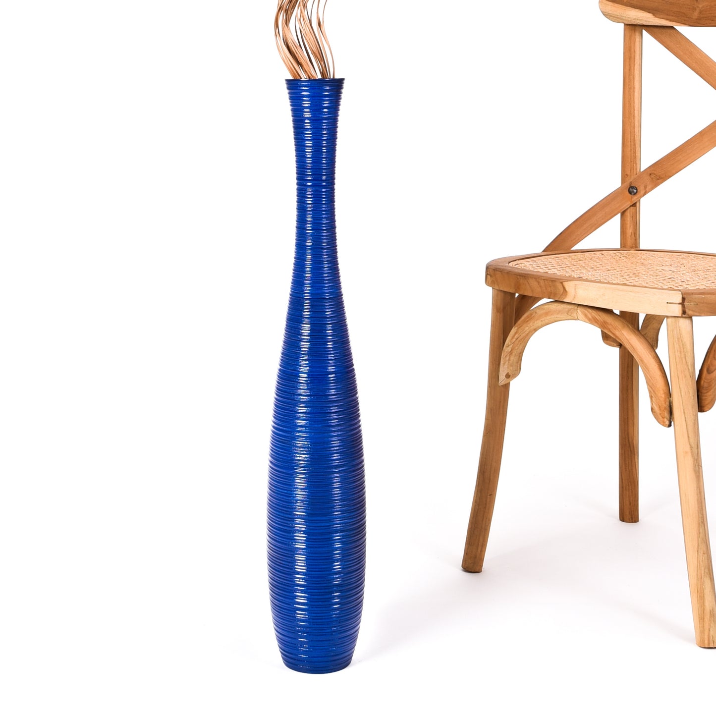 Large Mango Wood Floor Vase – Handcrafted Decorative Highlight from Thailand, blue, 65 cm