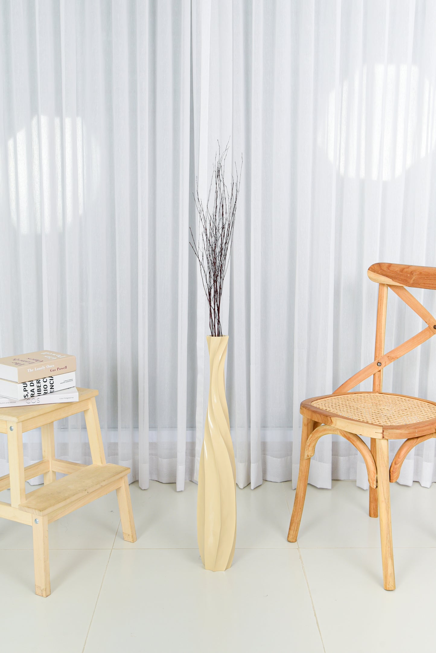 Large Mango Wood Floor Vase – Handcrafted Decorative Highlight from Thailand, cream, 65 cm