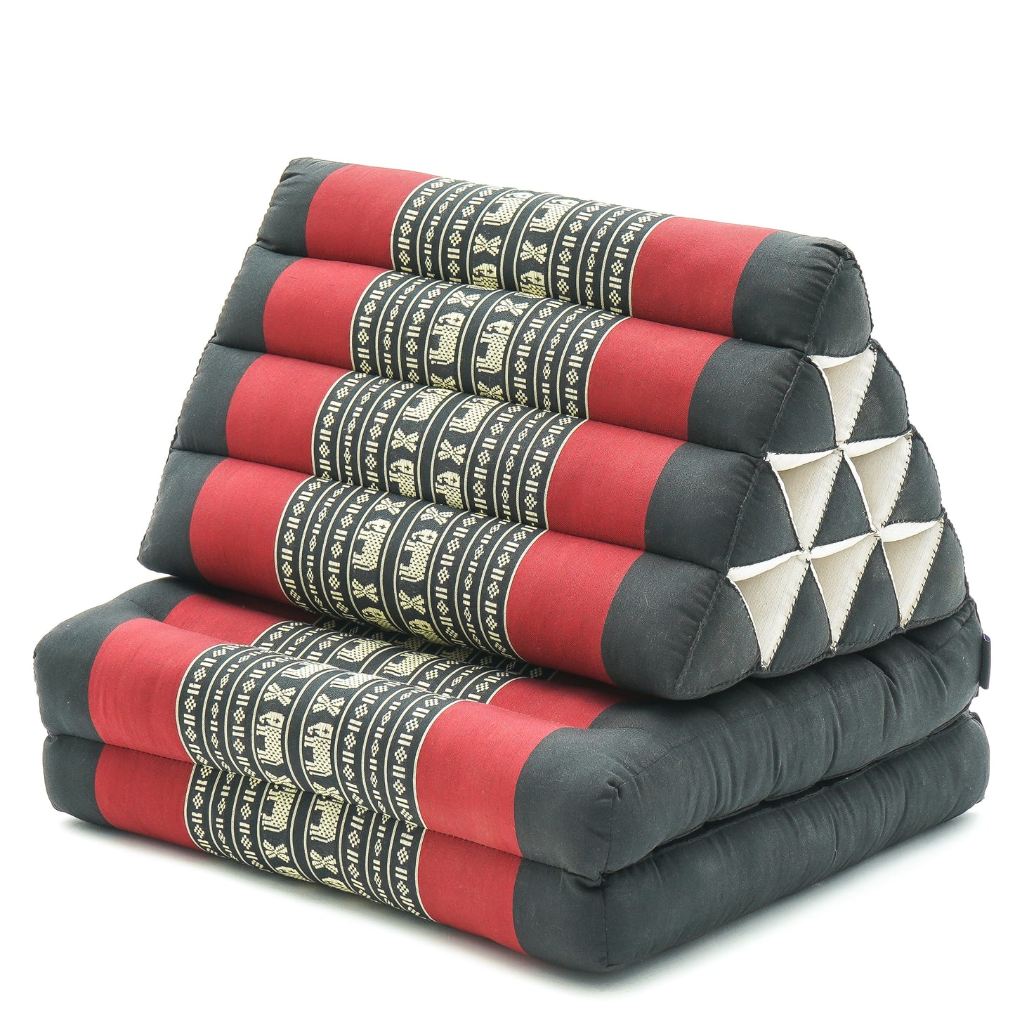 Thai Folding Mat with Triangle Cushion – Handmade Kapok Relax Mat for Sleeping, Reading & Lounging, Sf13 - Red, Black, 2 seating segments