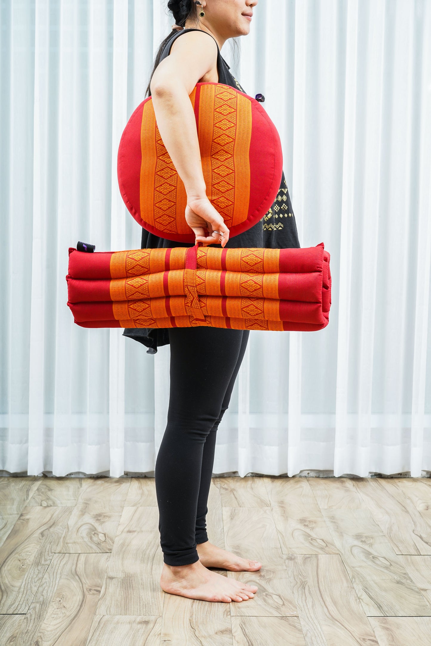 Compact Meditation Cushion Set Made of Kapok – Small Zabuton & Zafu with Cotton Cover, Sf02 - Orange