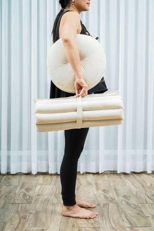 Compact Meditation Cushion Set Made of Kapok – Small Zabuton & Zafu with Cotton Cover, Cl01 - Ecru