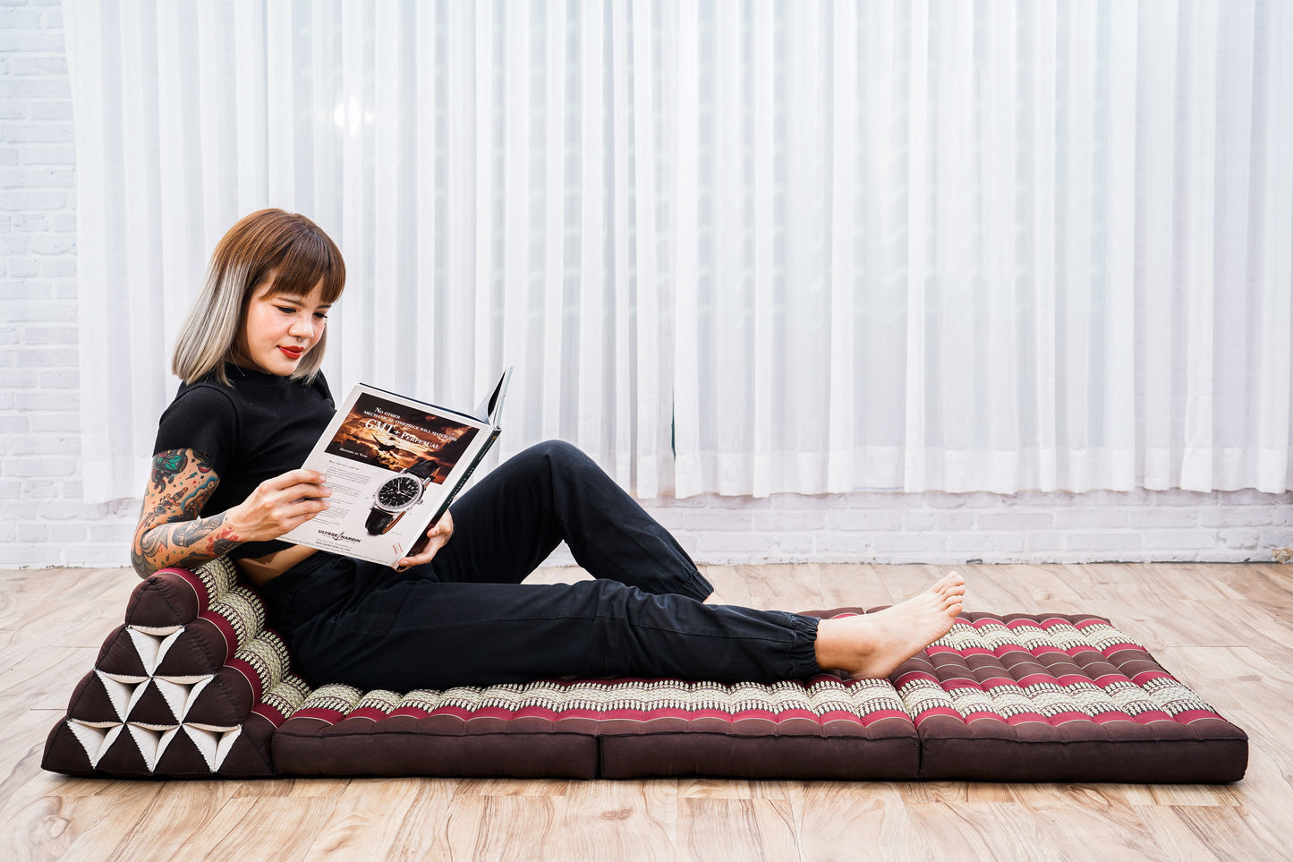 Thai Folding Mat with Triangle Cushion – Handmade Kapok Relax Mat for Sleeping, Reading & Lounging, Sf19 - Red, Brown, 3 seating segments XL