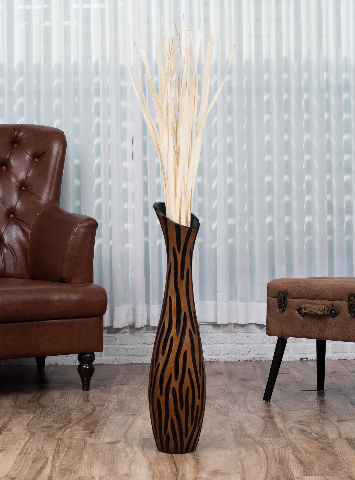 Large Mango Wood Floor Vase – Handcrafted Decorative Highlight from Thailand, brown, black, 65 cm