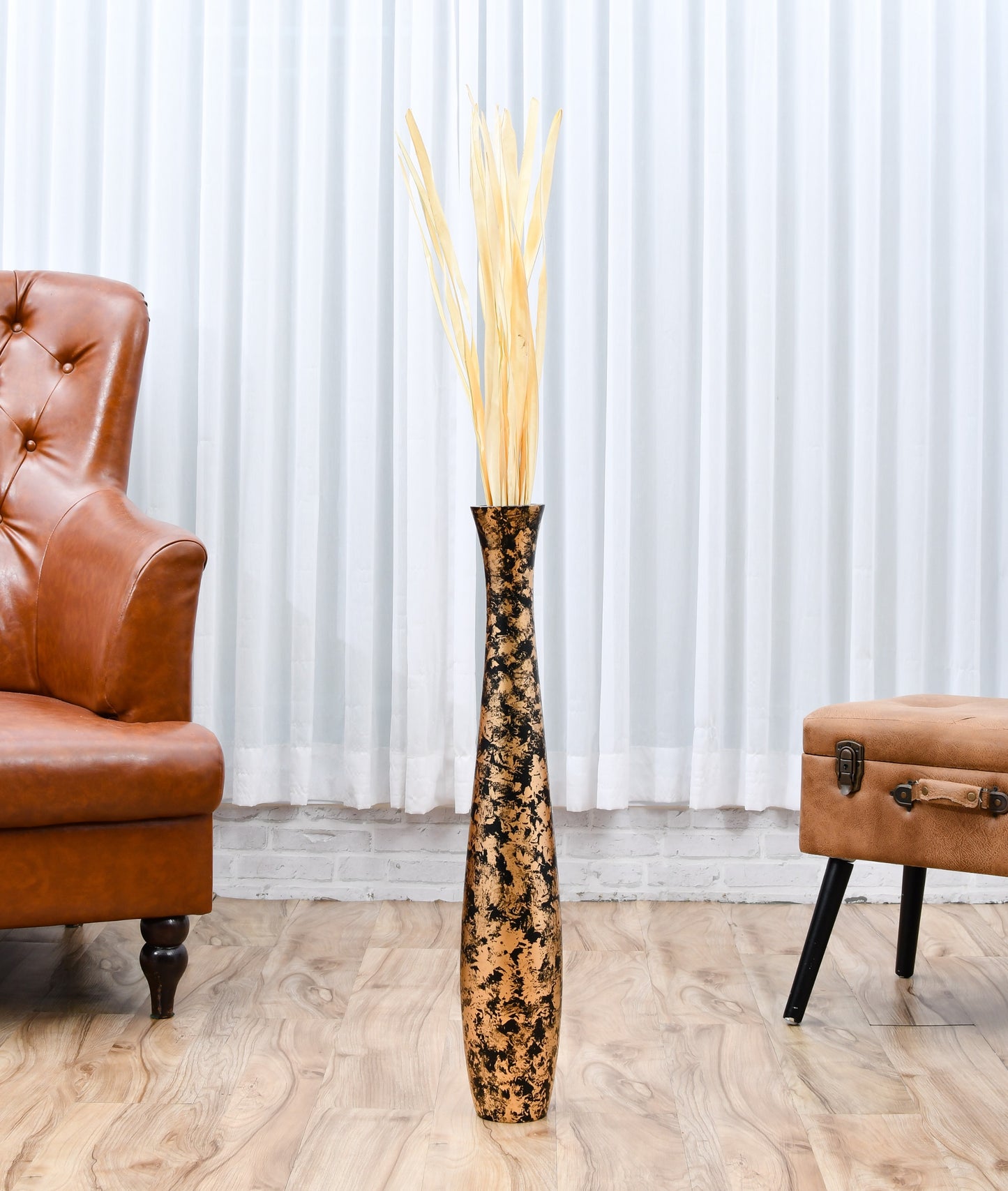 Large Mango Wood Floor Vase – Handcrafted Decorative Highlight from Thailand, gold, black, 65 cm