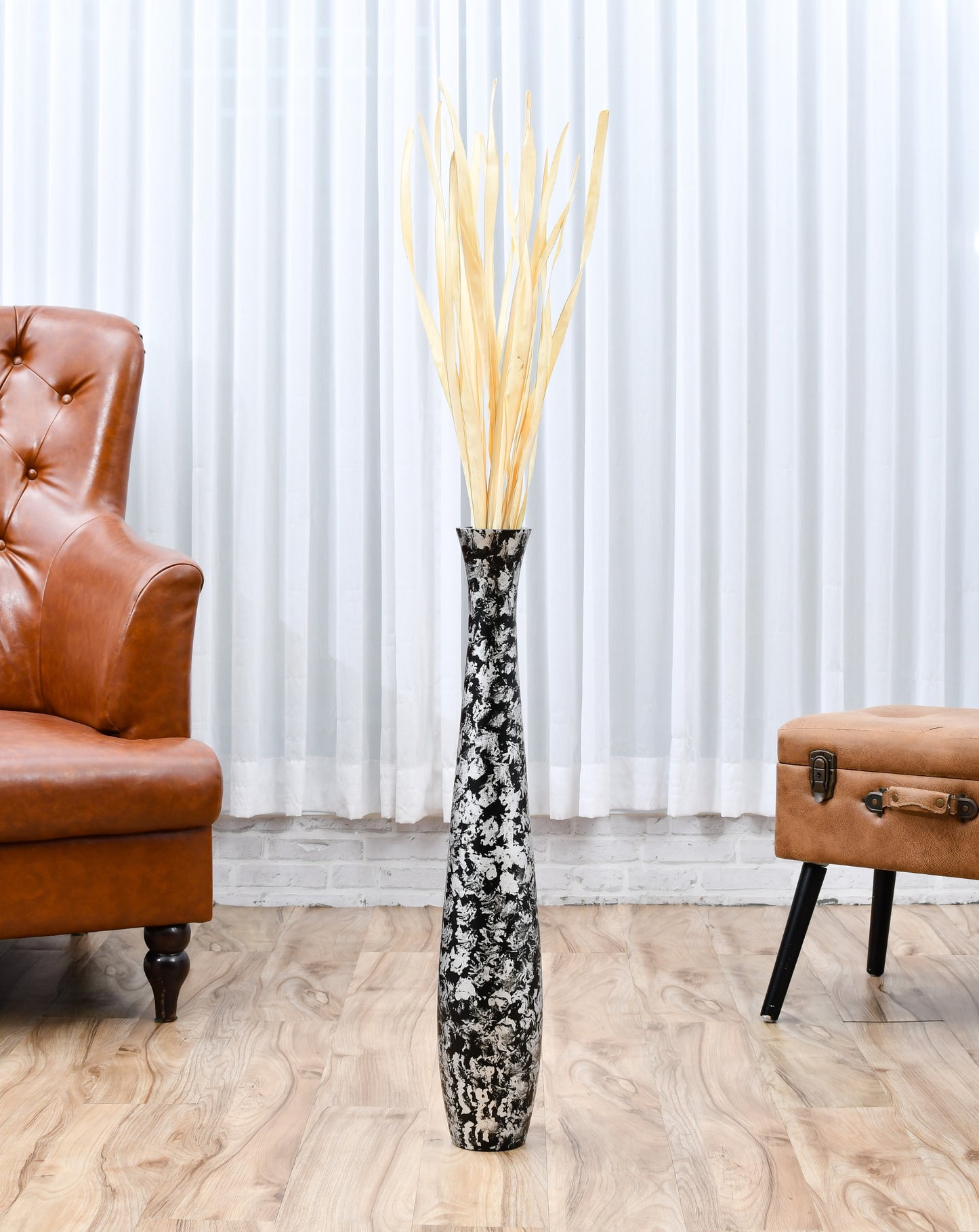 Large Mango Wood Floor Vase – Handcrafted Decorative Highlight from Thailand, silver, black, 65 cm