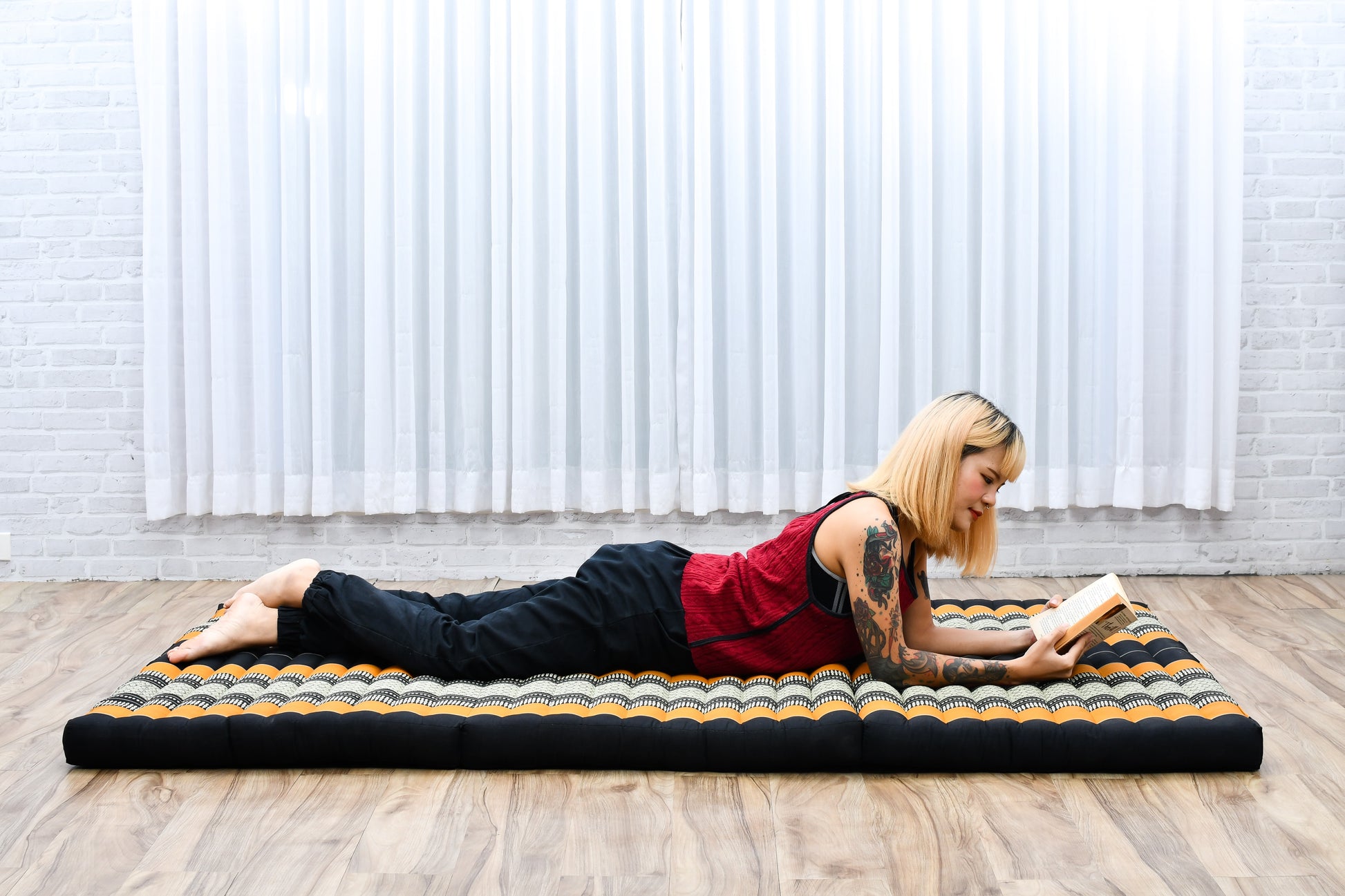 Kapok Folding Mattress – Thick Cotton Padded Guest Bed for Home, Sleeping & Mindfulness Corner, Sf03 - Black, Orange, L: 200x100 cm