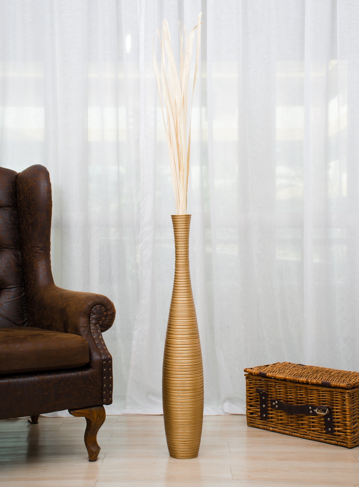 Large Mango Wood Floor Vase – Handcrafted Decorative Highlight from Thailand, gold, 85 cm