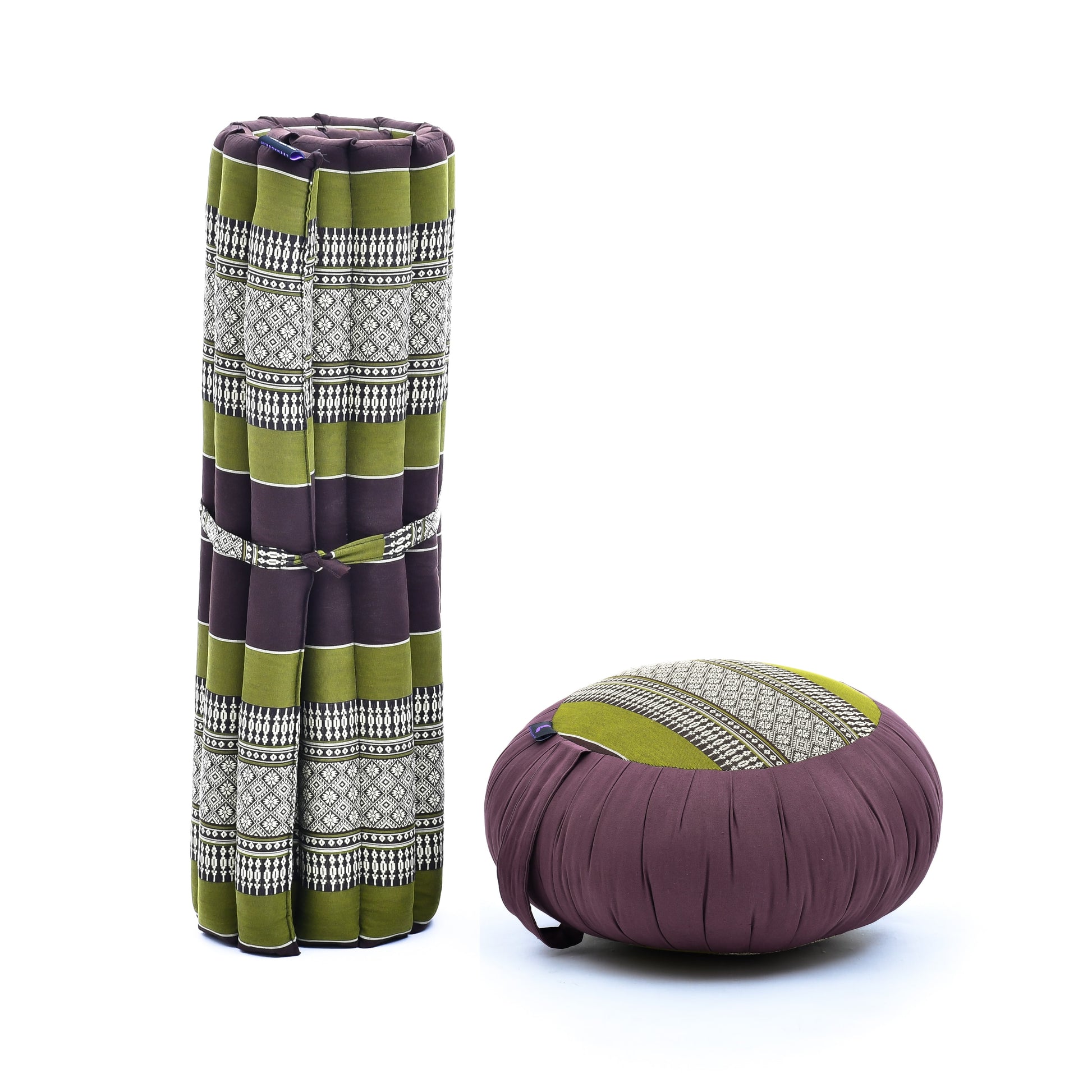 Kapok Meditation Cushion Set – Zabuton Mat & Zafu Seat Cushion with Cotton Cover, Sf20 - Brown, Green