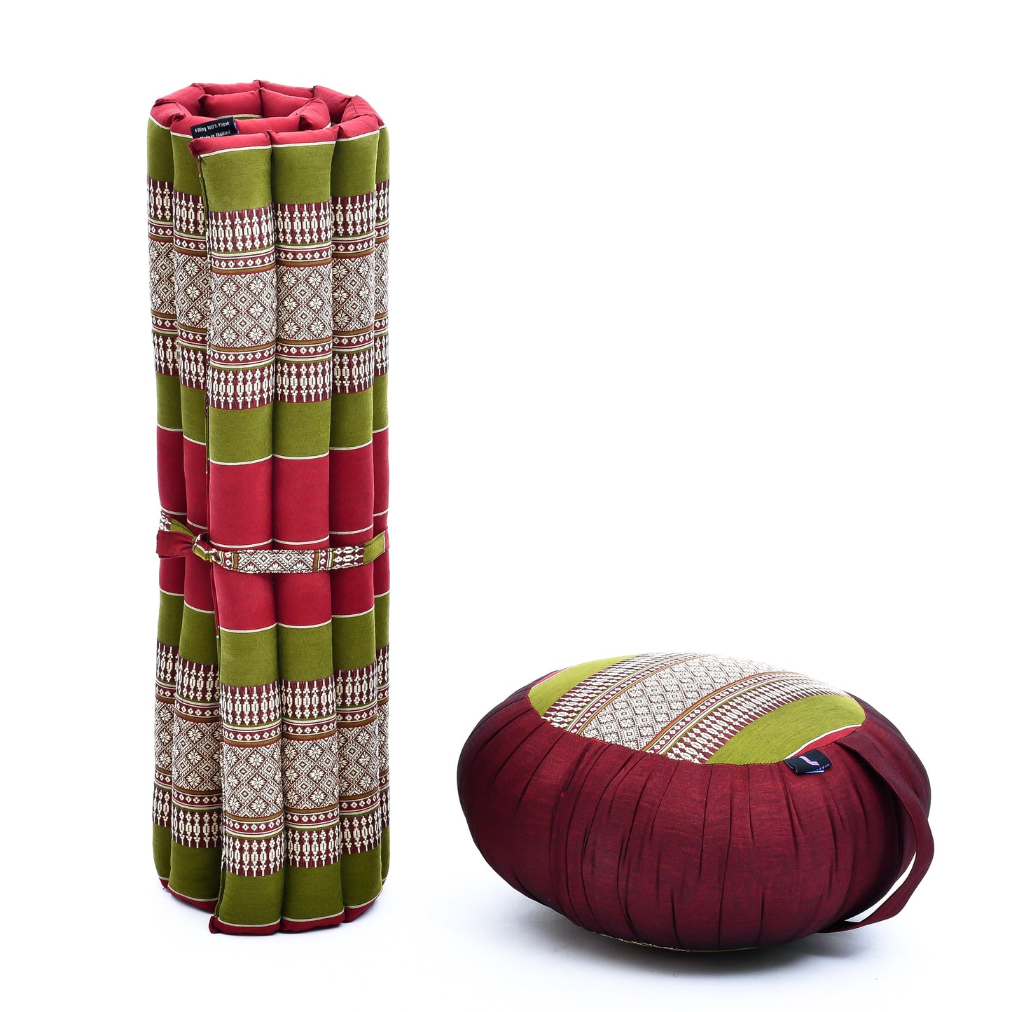 Kapok Meditation Cushion Set – Zabuton Mat & Zafu Seat Cushion with Cotton Cover, Sf11 - Red, Green