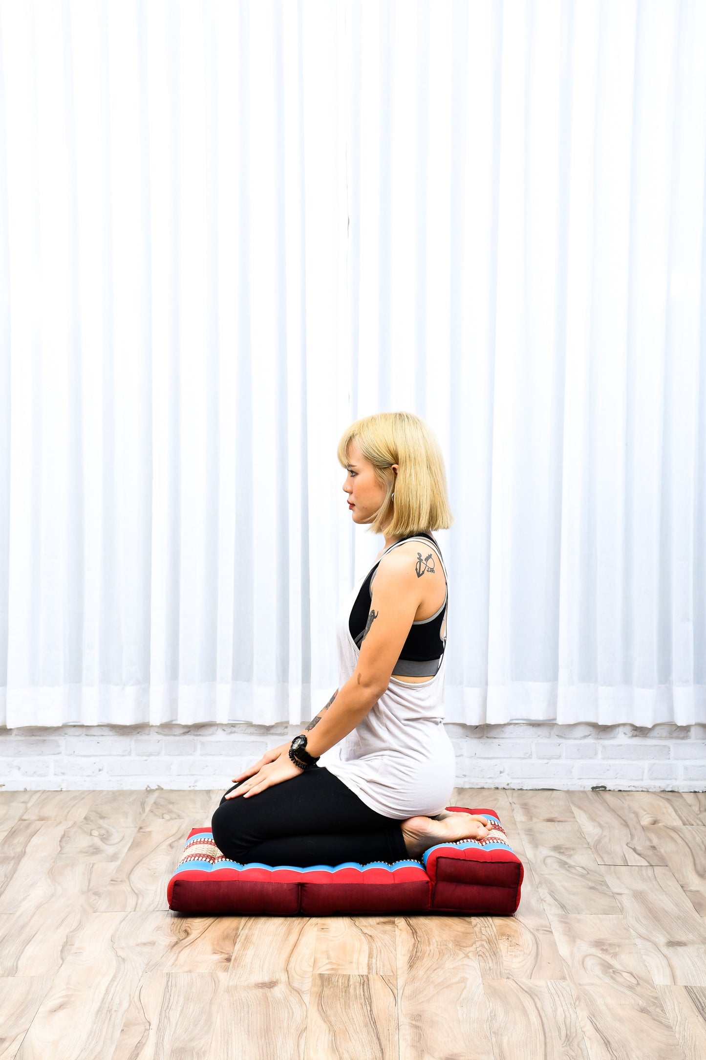 Foldable Meditation Cushion – Compact Kapok Seat with Foot Pad and Cotton Cover in Solid Colors or Thai Pattern, Sf27 - Blue, Red