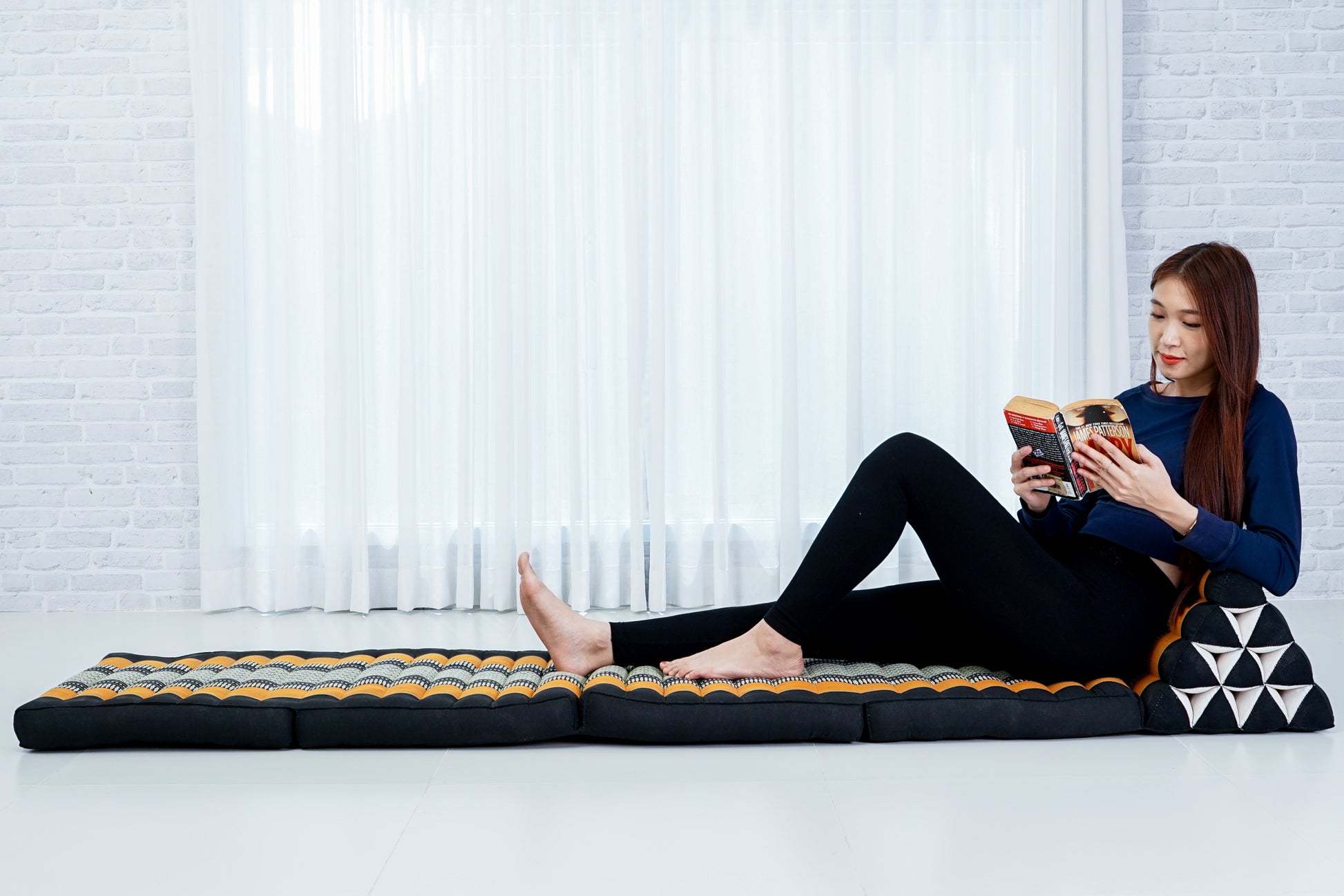 Thai Folding Mat with Triangle Cushion – Handmade Kapok Relax Mat for Sleeping, Reading & Lounging, Sf03 - Black, Orange, 4 seating segments