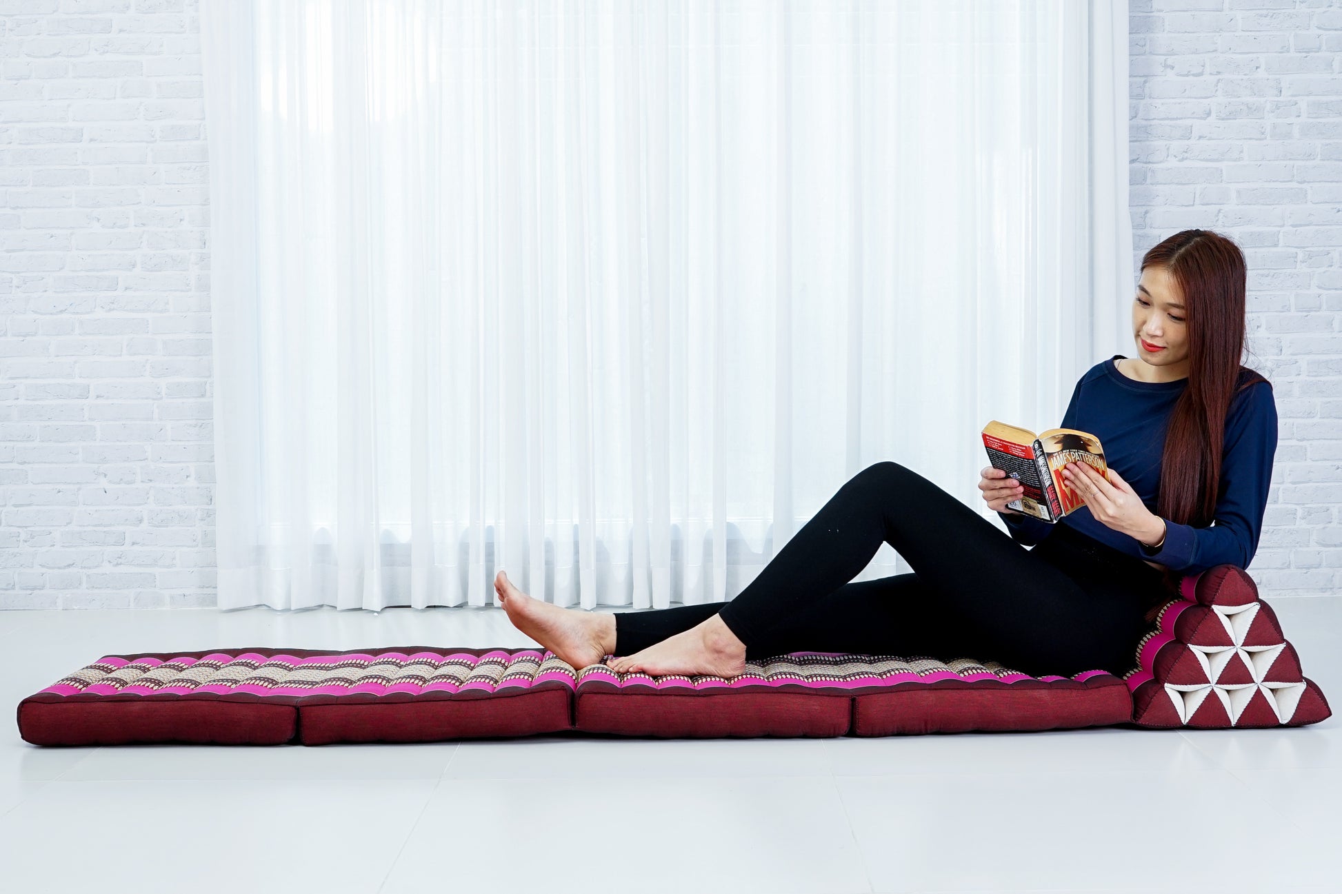 Thai Folding Mat with Triangle Cushion – Handmade Kapok Relax Mat for Sleeping, Reading & Lounging, Sf29 - Auburn, Pink, 4 seating segments