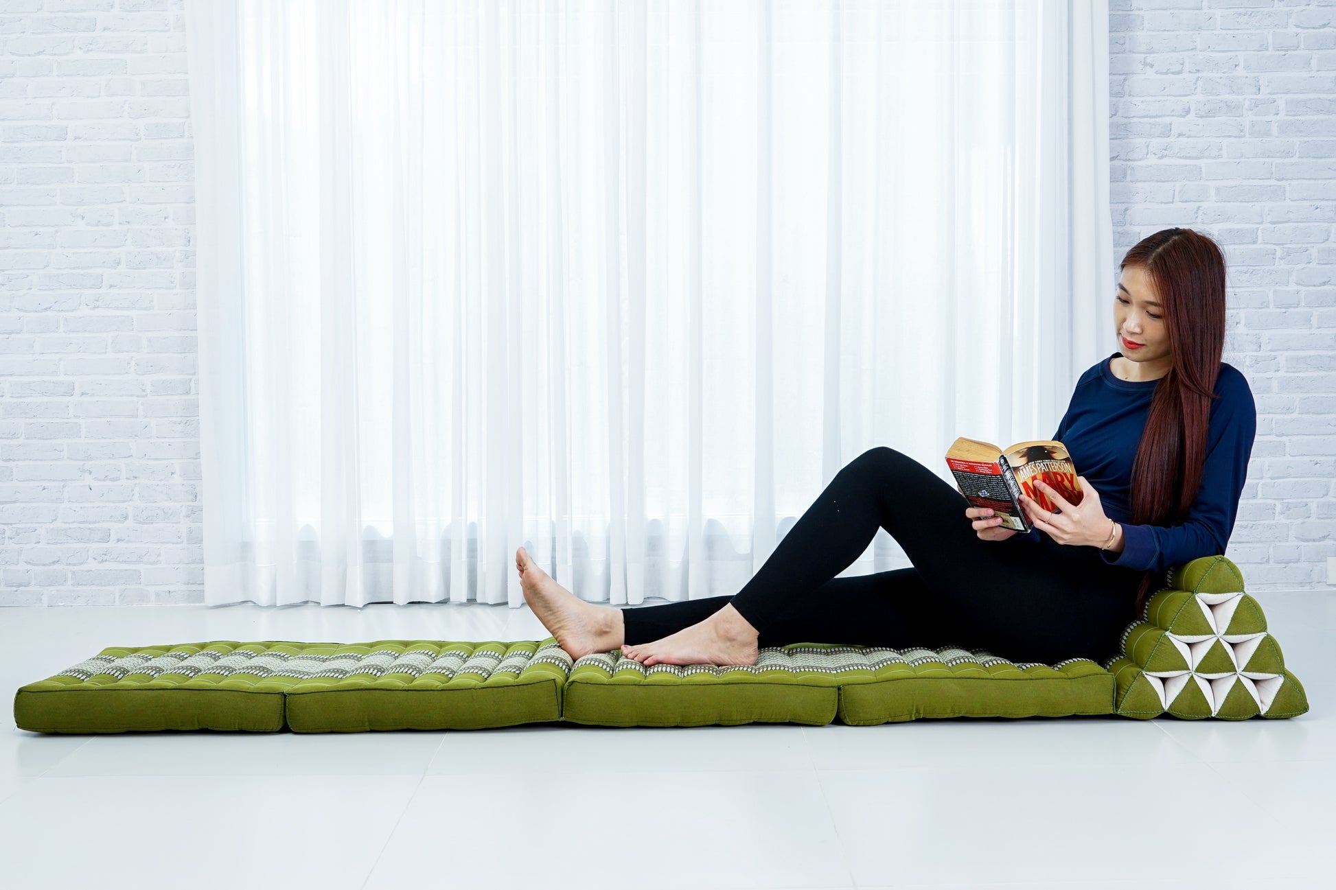 Thai Folding Mat with Triangle Cushion – Handmade Kapok Relax Mat for Sleeping, Reading & Lounging, Sf17 - Green, 4 seating segments