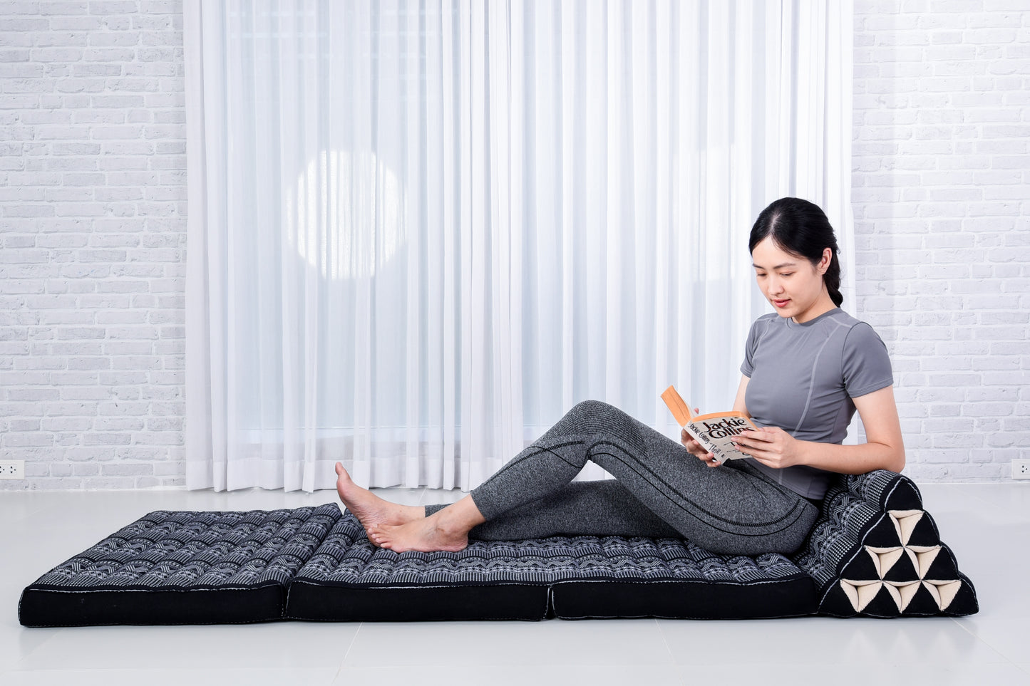 Thai Folding Mat with Triangle Cushion – Handmade Kapok Relax Mat for Sleeping, Reading & Lounging, Cbt3 - Black, 3 seating segments XL
