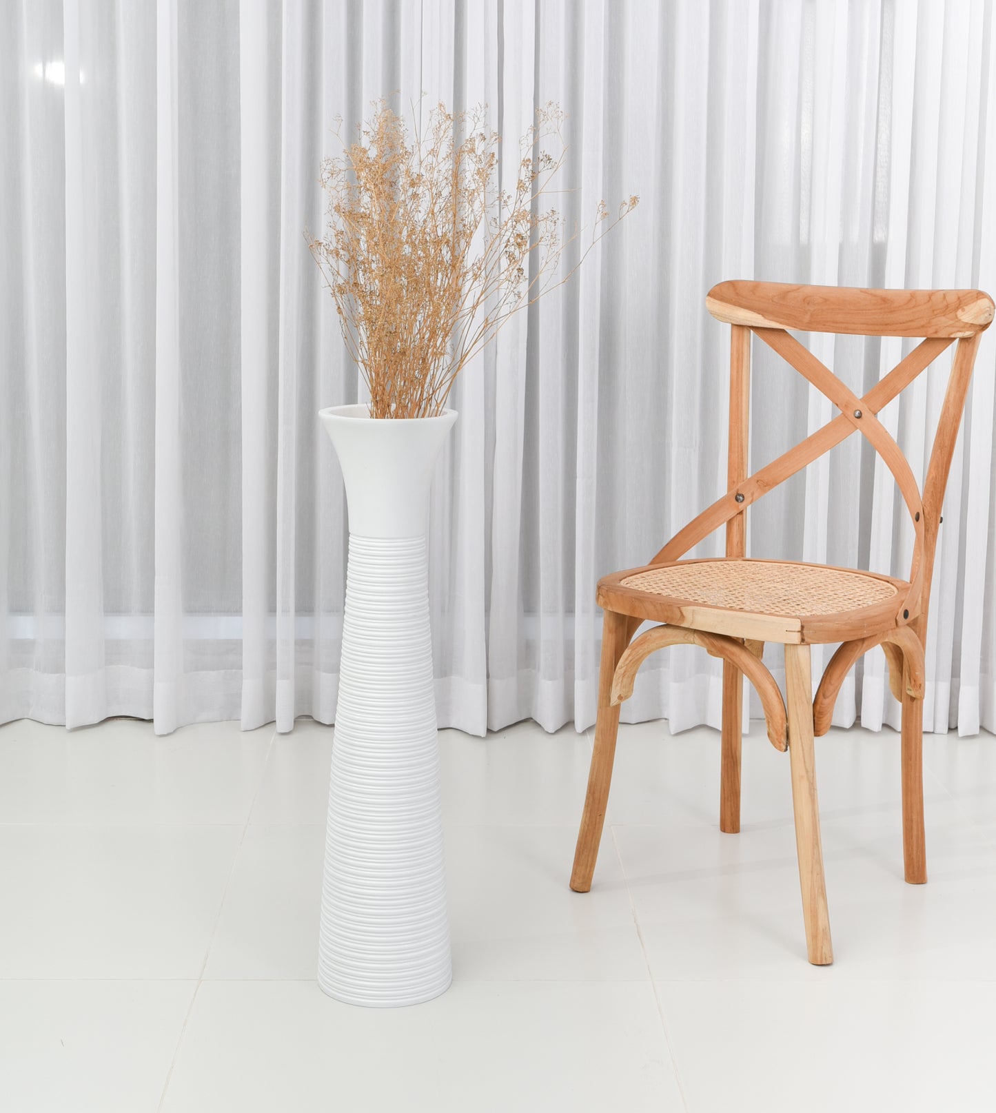 Large Mango Wood Floor Vase – Handcrafted Decorative Highlight from Thailand, white, 65 cm