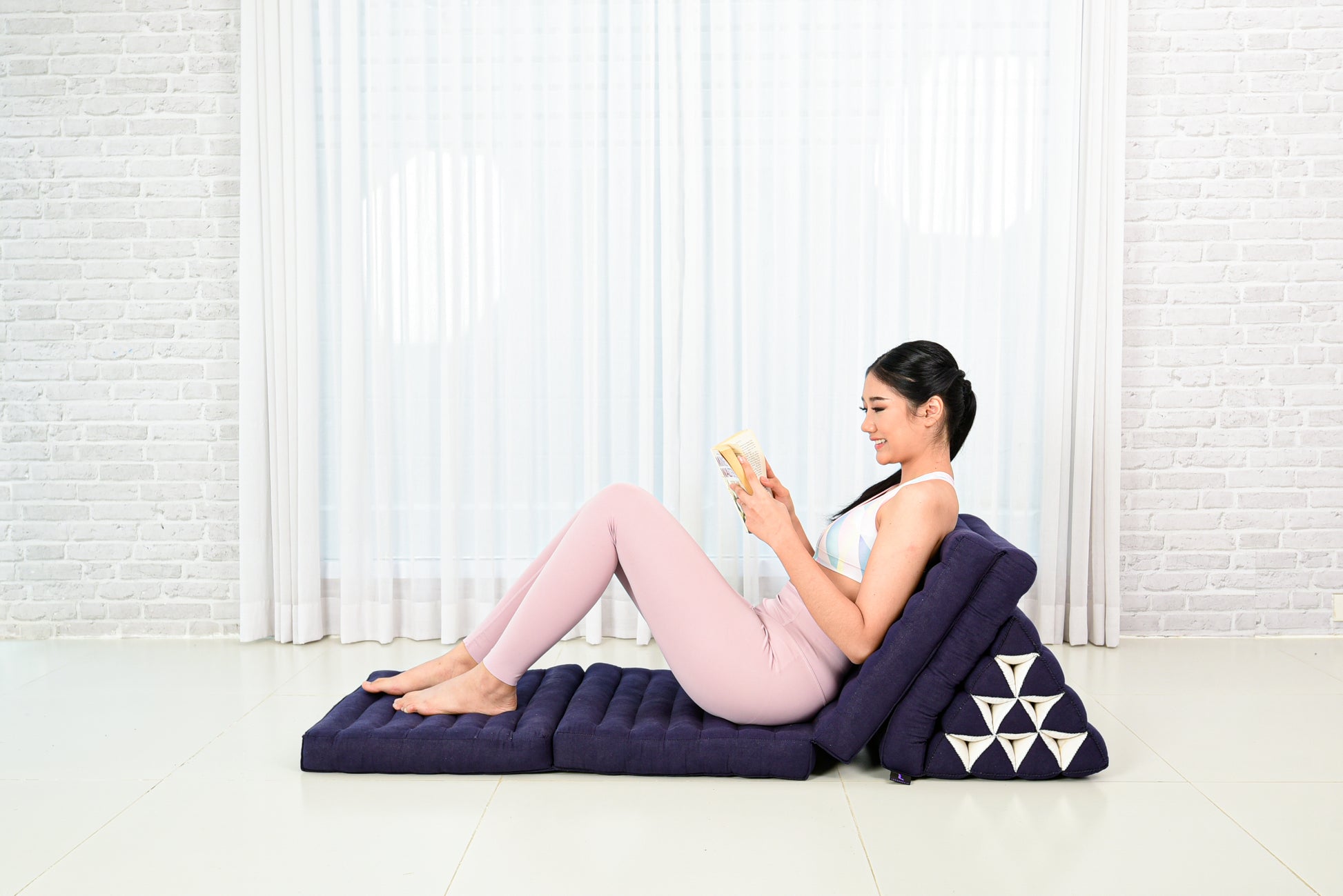 Thai Folding Mat with Triangle Cushion – Handmade Kapok Relax Mat for Sleeping, Reading & Lounging, Cl44 - blue, 4 seating segments