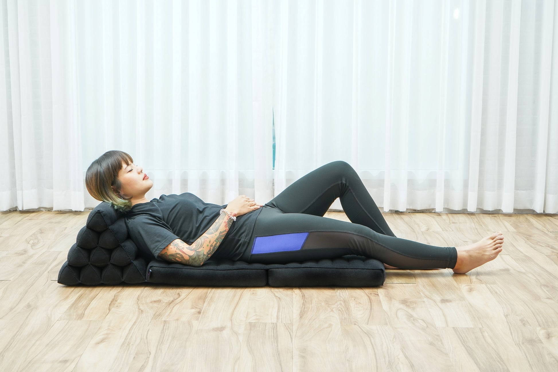 Thai Folding Mat with Triangle Cushion – Handmade Kapok Relax Mat for Sleeping, Reading & Lounging, Cl02 - Black, 2 seating segments