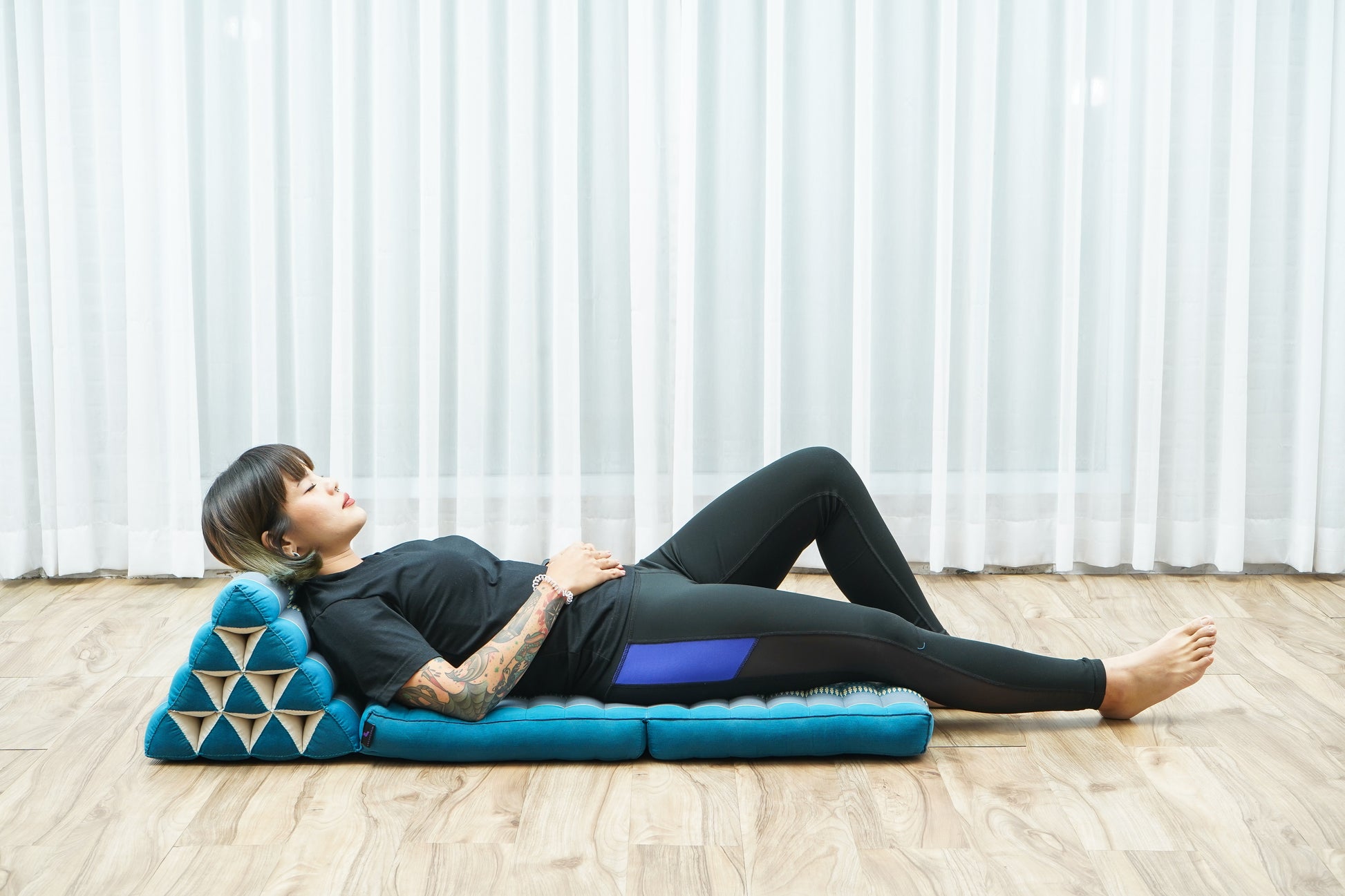 Thai Folding Mat with Triangle Cushion – Handmade Kapok Relax Mat for Sleeping, Reading & Lounging, Sf22 - Blue, 2 seating segments