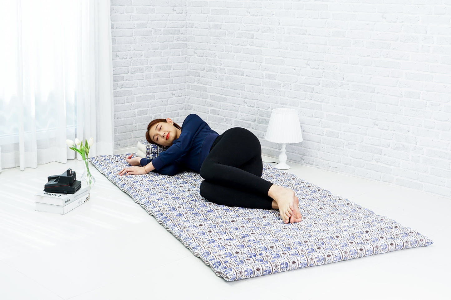 Kapok Roll-Up Mattress – Foldable Sleeping & Relax Mat with Cotton Cover for Home & Outdoor Use, El1 - Blue, L: 190x100 cm