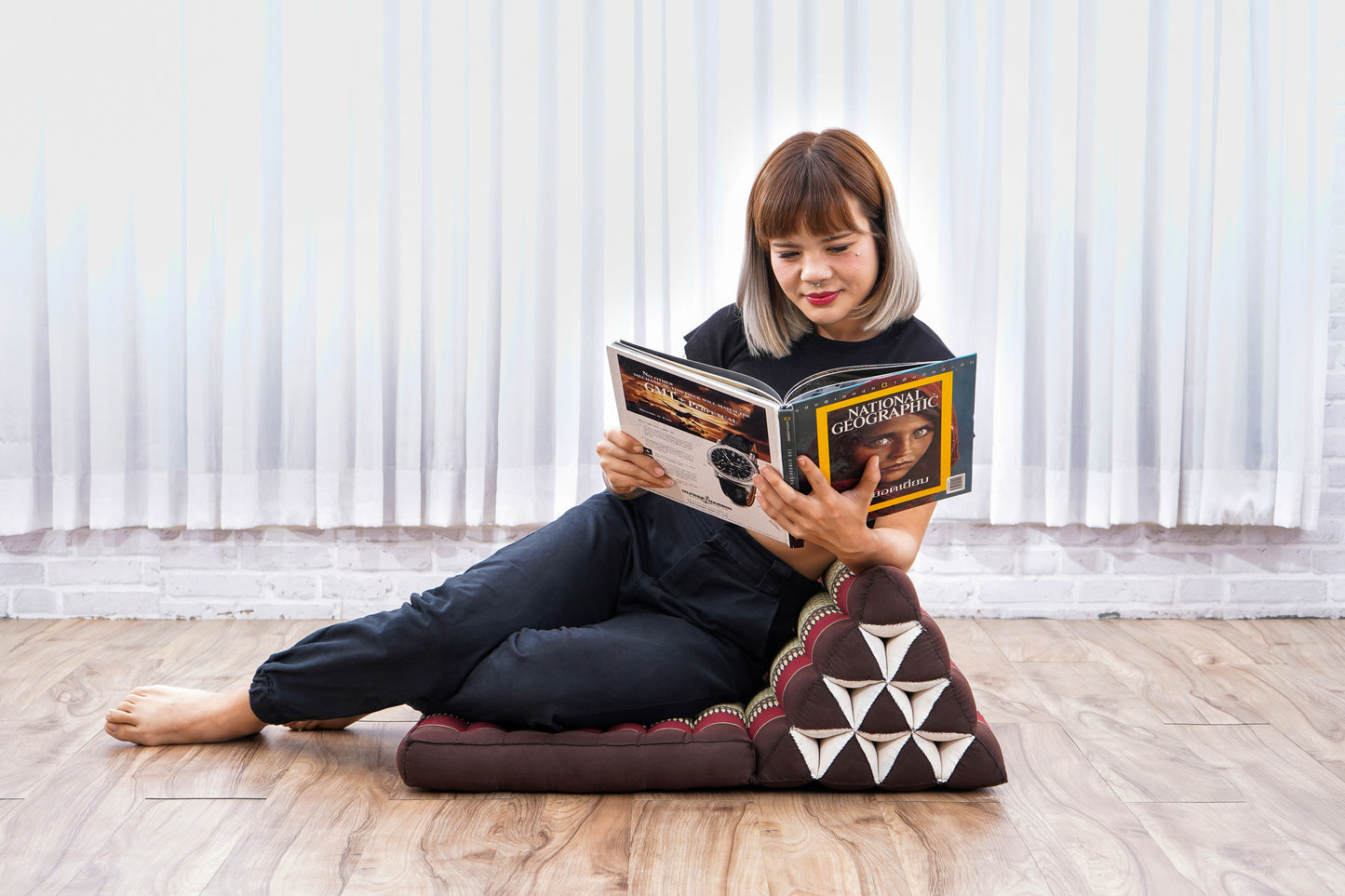 Triangular Kapok Backrest Cushion – Firm Thai Reading Pillow with Cotton Cover in Plain or Patterned Designs, Sf19 - Red, Brown, 1 seating segment