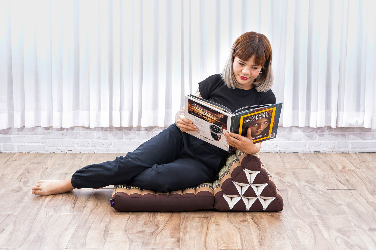 Triangular Kapok Backrest Cushion – Firm Thai Reading Pillow with Cotton Cover in Plain or Patterned Designs, Sf10 - Brown, 1 seating segment