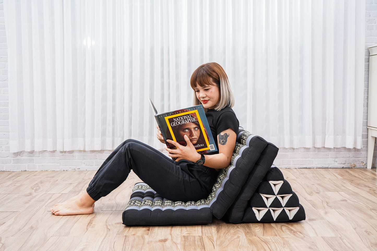 Thai Folding Mat with Triangle Cushion – Handmade Kapok Relax Mat for Sleeping, Reading & Lounging, Sf15 - Blue, 3 seating segments XL