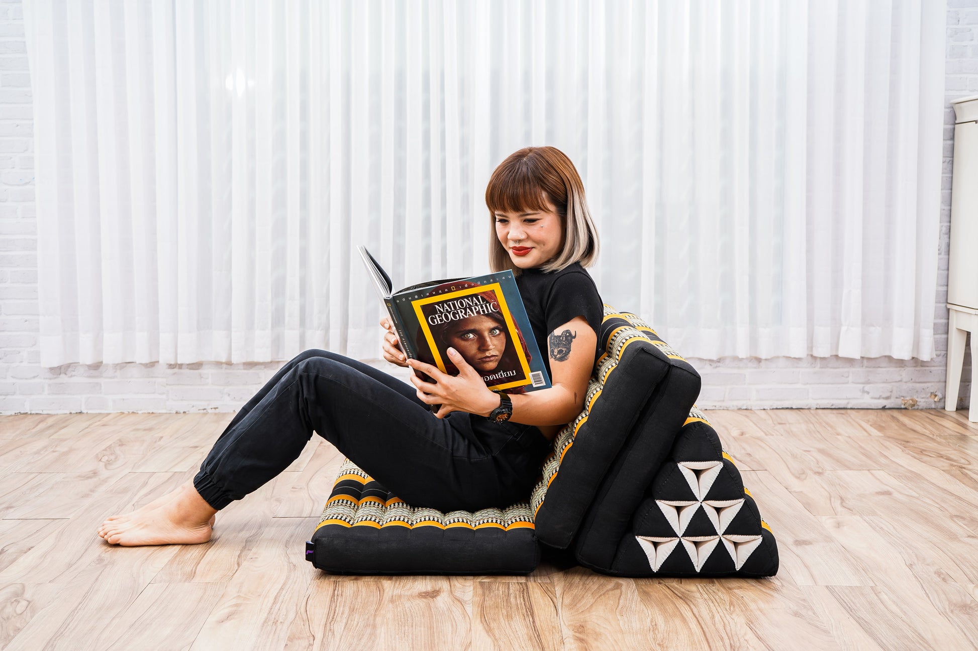 Thai Folding Mat with Triangle Cushion – Handmade Kapok Relax Mat for Sleeping, Reading & Lounging, Sf03 - Black, Orange, 3 seating segments XL