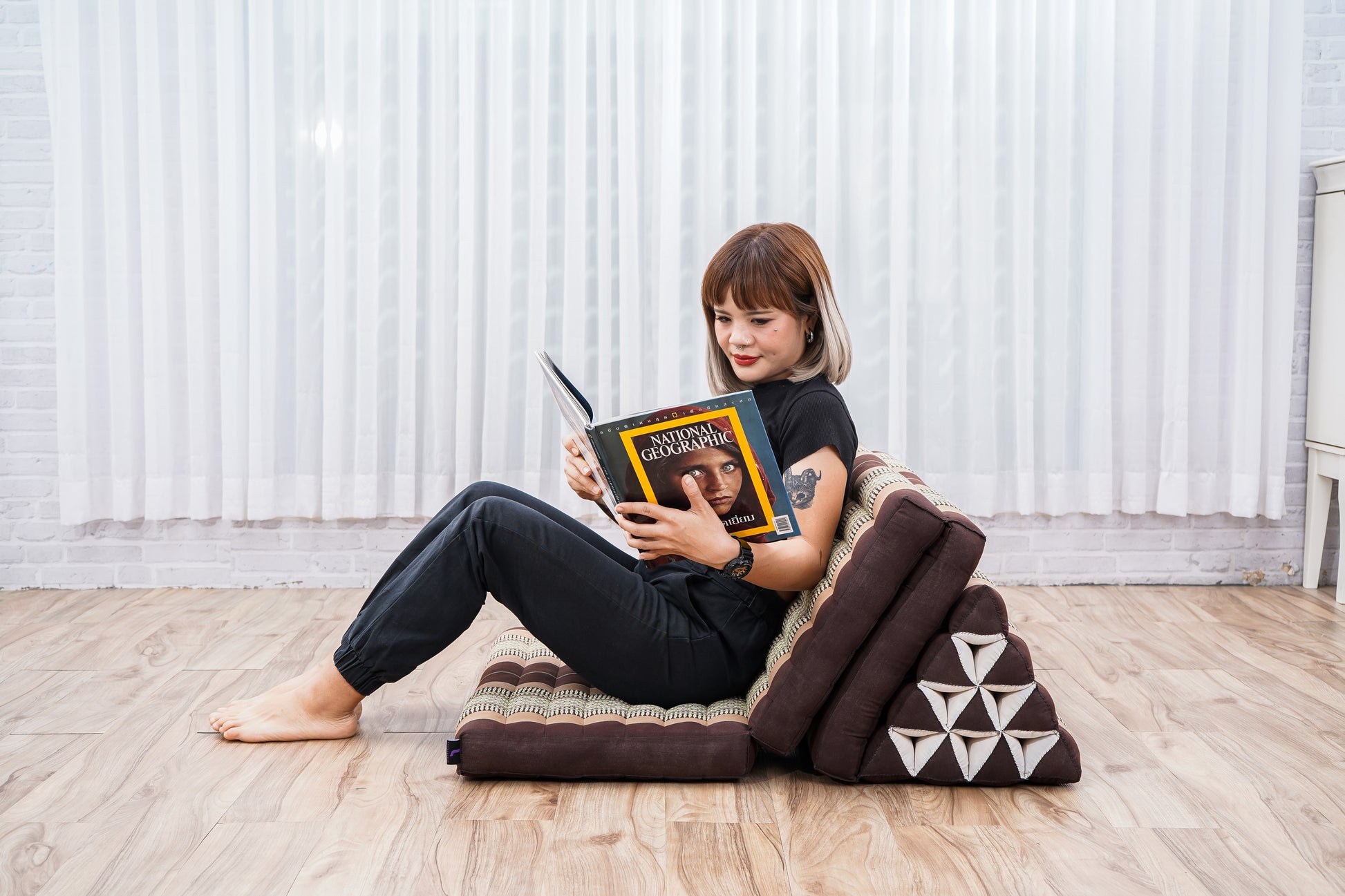 Thai Folding Mat with Triangle Cushion – Handmade Kapok Relax Mat for Sleeping, Reading & Lounging, Sf10 - Brown, 3 seating segments XL