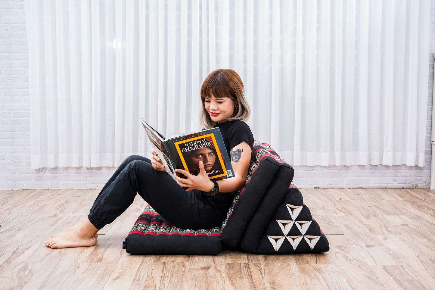Thai Folding Mat with Triangle Cushion – Handmade Kapok Relax Mat for Sleeping, Reading & Lounging, Sf13 - Red, Black, 3 seating segments XL