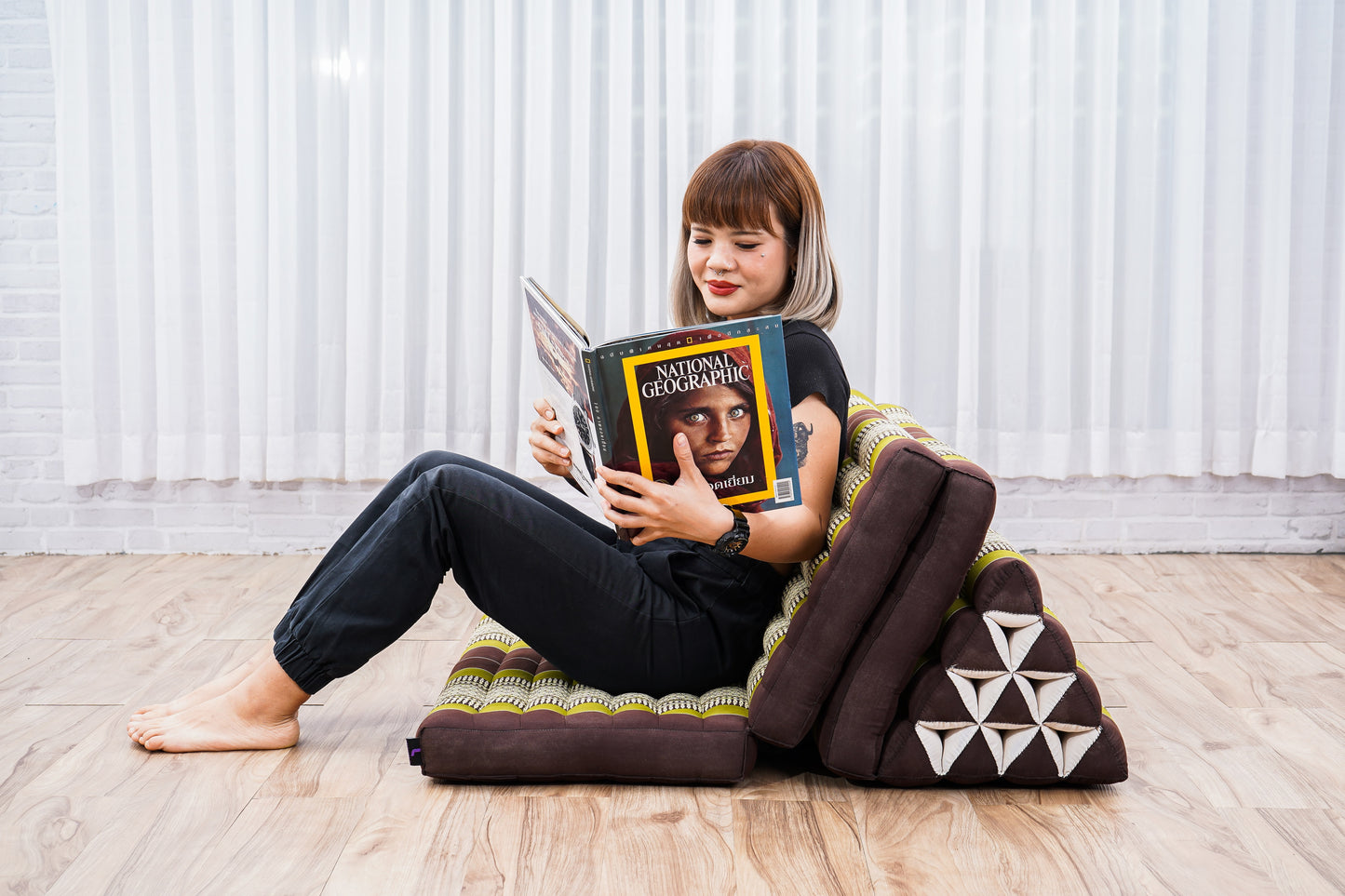 Thai Folding Mat with Triangle Cushion – Handmade Kapok Relax Mat for Sleeping, Reading & Lounging, Sf20 - Brown, Green, 3 seating segments XL