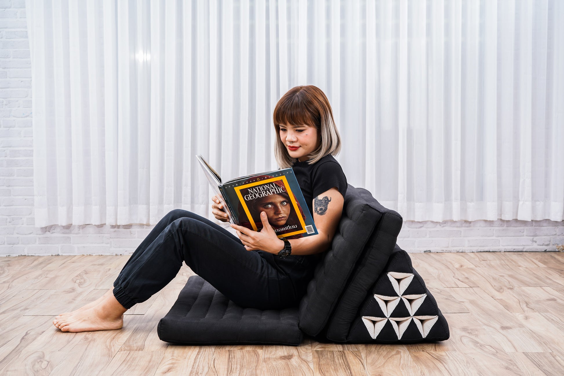 Thai Folding Mat with Triangle Cushion – Handmade Kapok Relax Mat for Sleeping, Reading & Lounging, Cl02 - Black, 3 seating segments XL