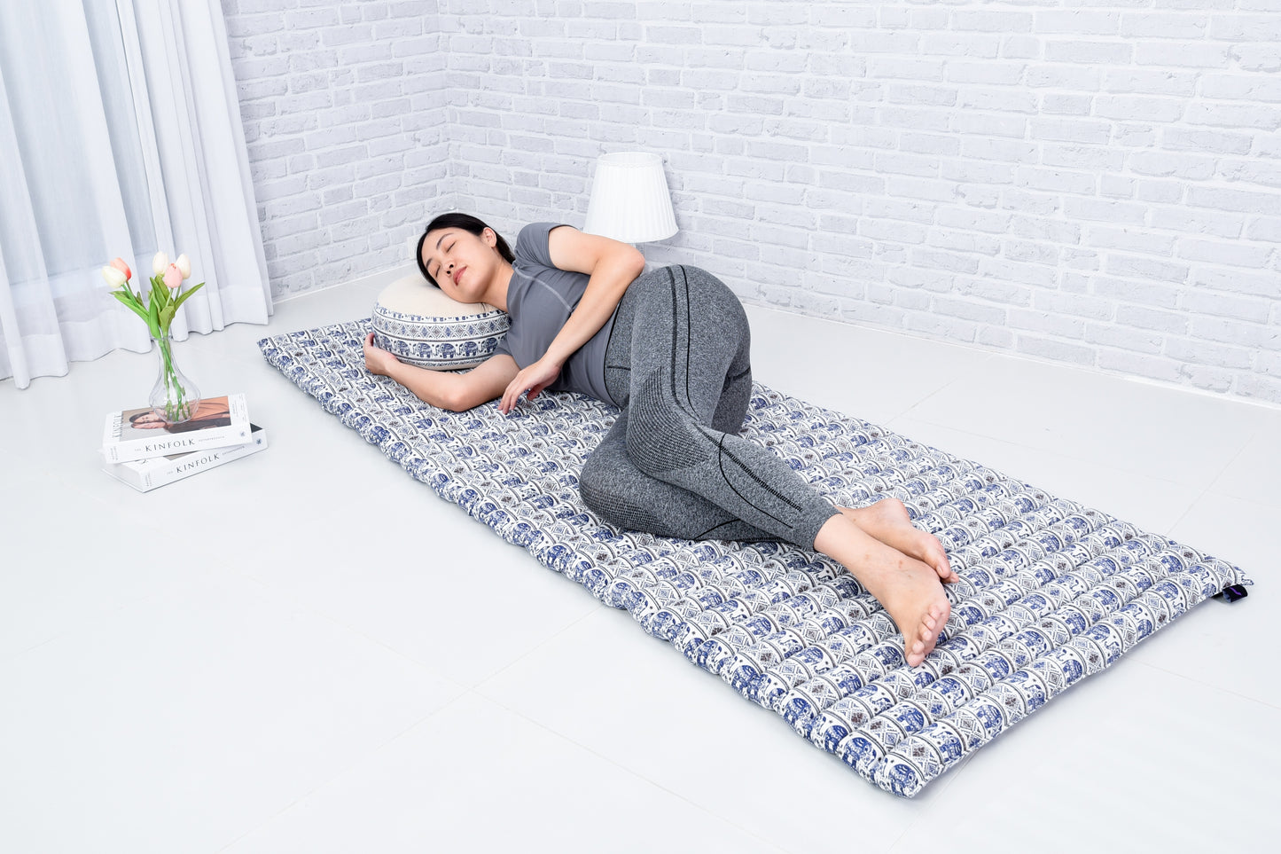 Kapok Roll-Up Mattress – Foldable Sleeping & Relax Mat with Cotton Cover for Home & Outdoor Use, El1 - Blue, M: 190x70 cm