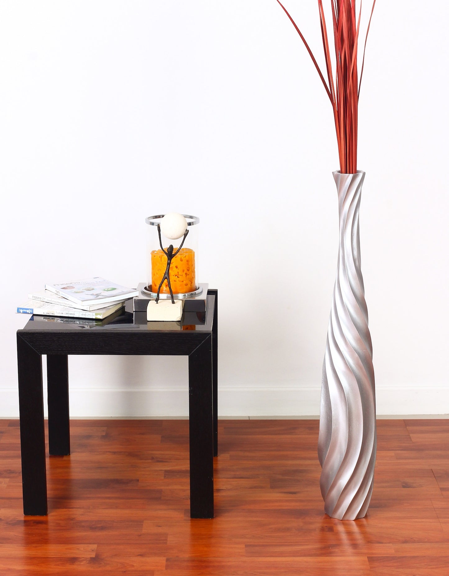 Large Mango Wood Floor Vase – Handcrafted Decorative Highlight from Thailand, silver, 65 cm