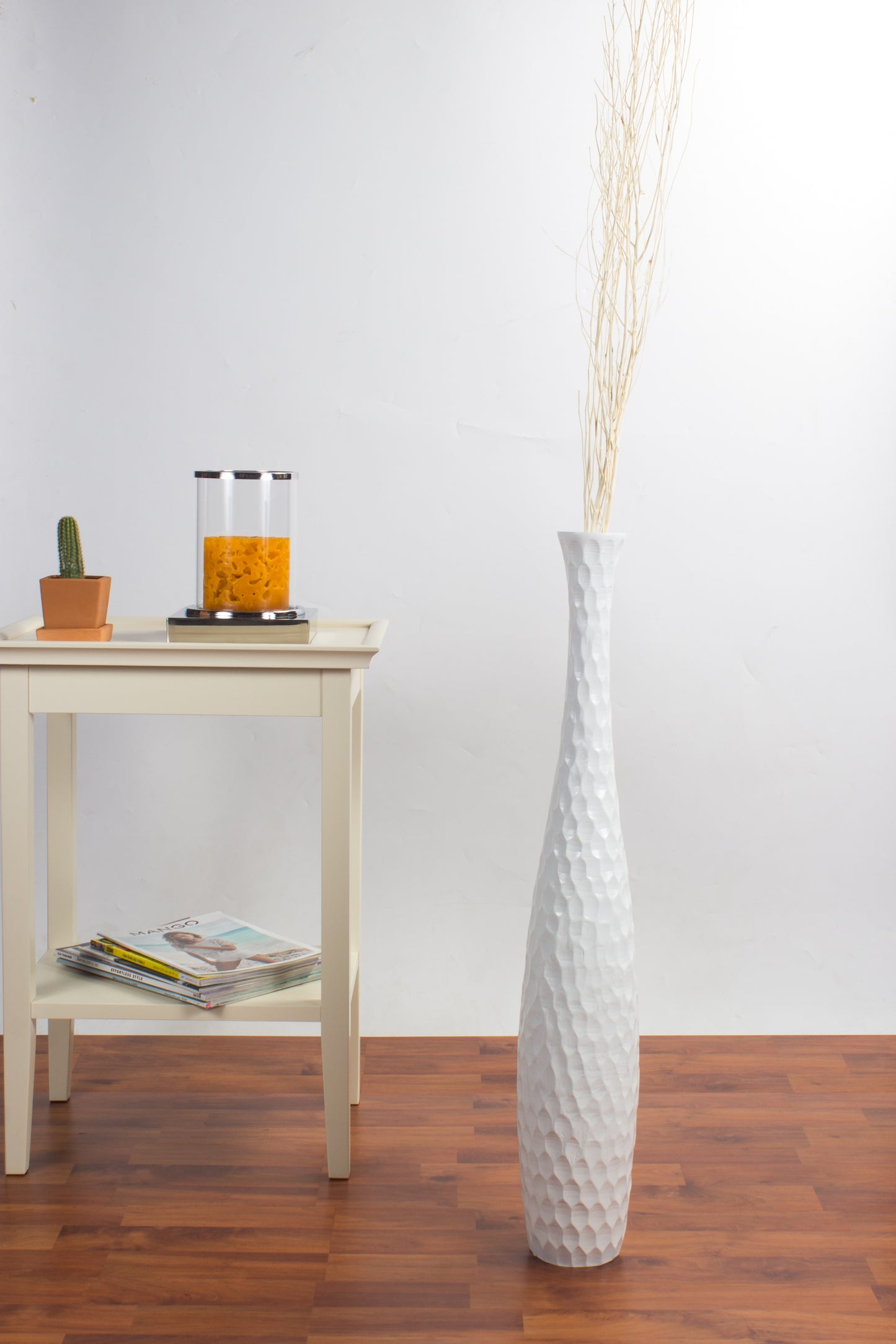 Large Mango Wood Floor Vase – Handcrafted Decorative Highlight from Thailand, white, 65 cm