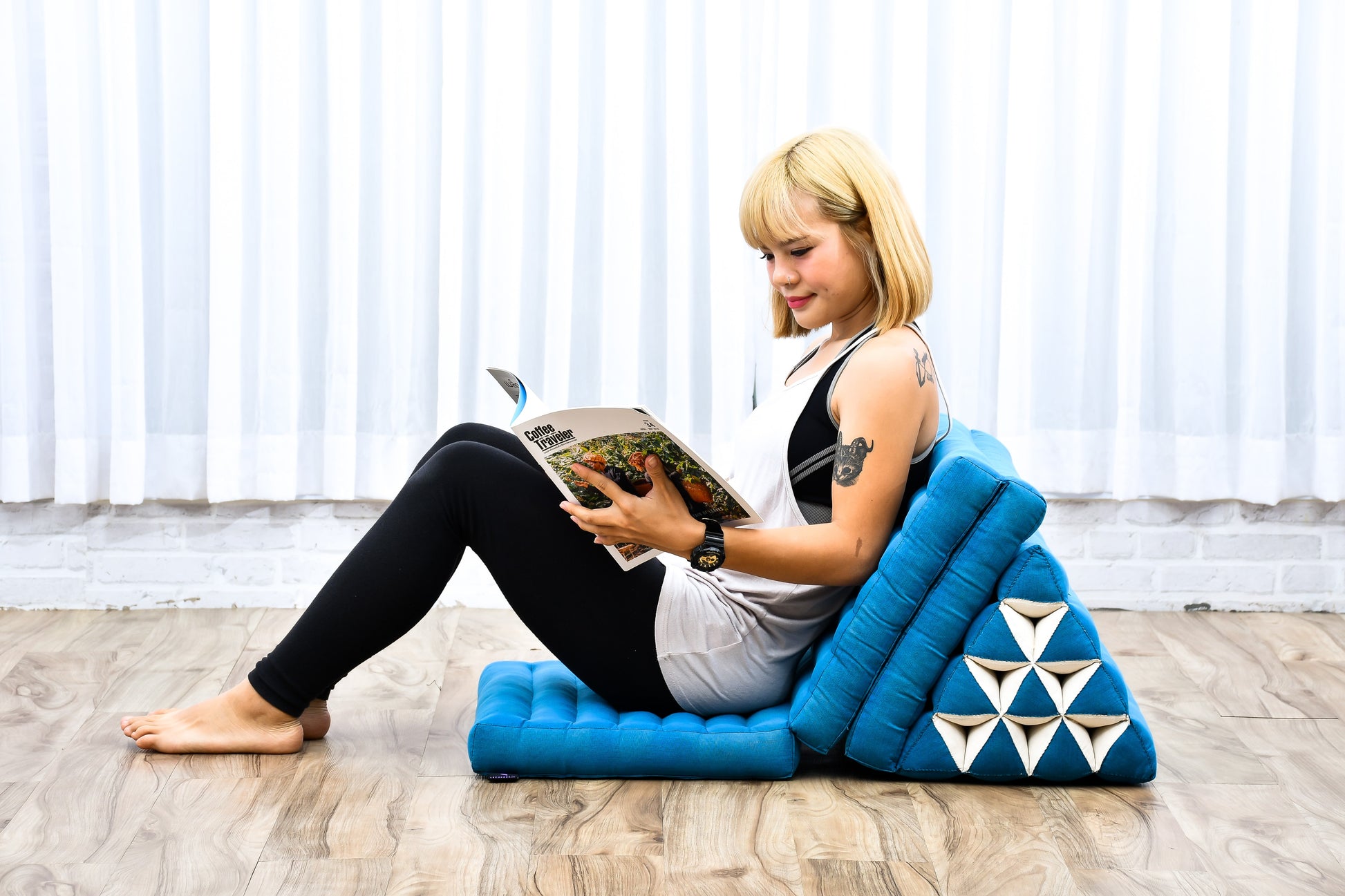 Thai Folding Mat with Triangle Cushion – Handmade Kapok Relax Mat for Sleeping, Reading & Lounging, Cl22 - Light Blue, 3 seating segments