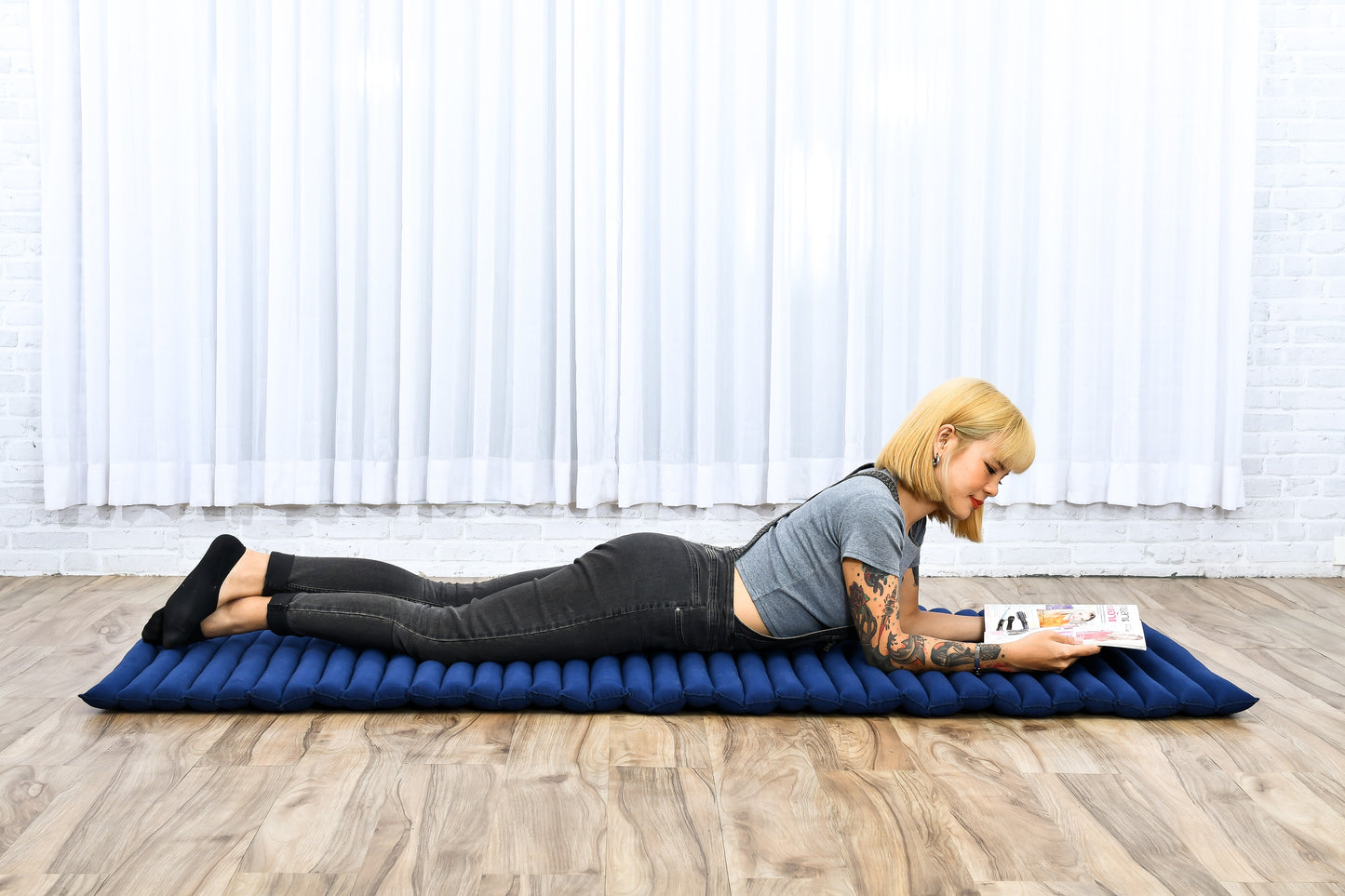 Kapok Roll-Up Mattress – Foldable Sleeping & Relax Mat with Cotton Cover for Home & Outdoor Use, Cl44 - blue, M: 190x70 cm