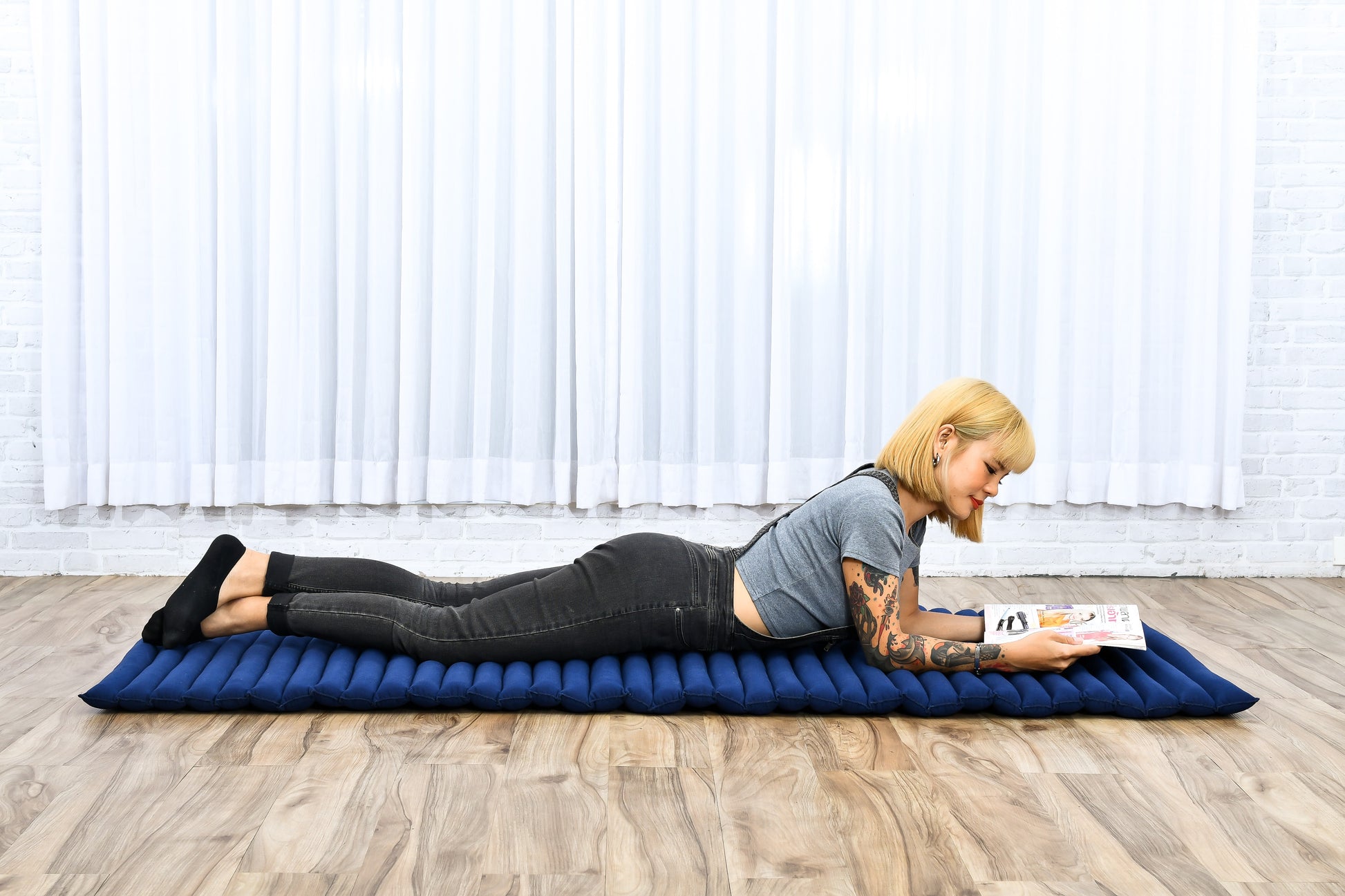 Kapok Roll-Up Mattress – Foldable Sleeping & Relax Mat with Cotton Cover for Home & Outdoor Use, Cl44 - blue, M: 190x70 cm