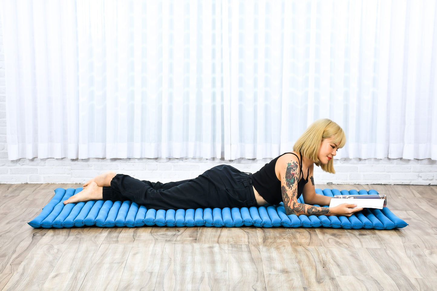 Kapok Roll-Up Mattress – Foldable Sleeping & Relax Mat with Cotton Cover for Home & Outdoor Use, Cl22 - Light Blue, L: 190x100 cm