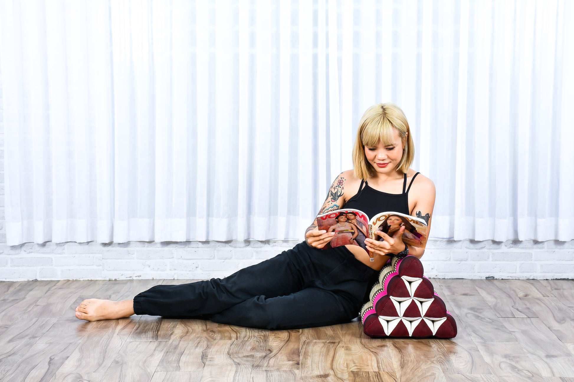 Triangular Kapok Backrest Cushion – Firm Thai Reading Pillow with Cotton Cover in Plain or Patterned Designs, Sf29 - Auburn, Pink, triangle cushion