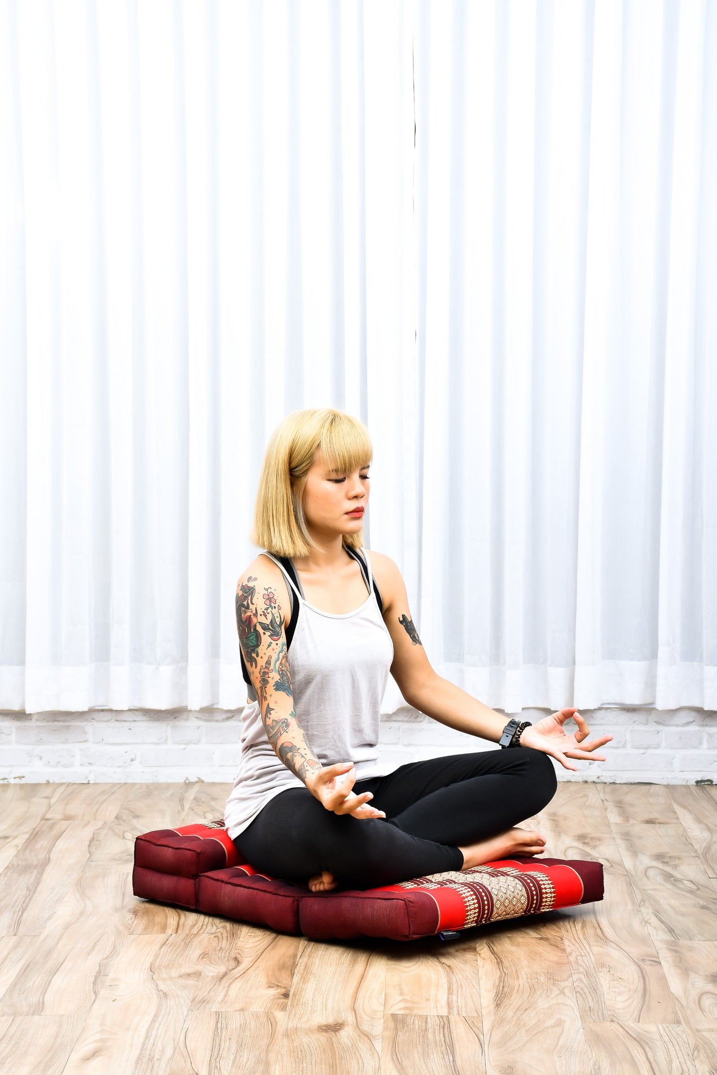 Foldable Meditation Cushion – Compact Kapok Seat with Foot Pad and Cotton Cover in Solid Colors or Thai Pattern, Sf24 - Red, Brown