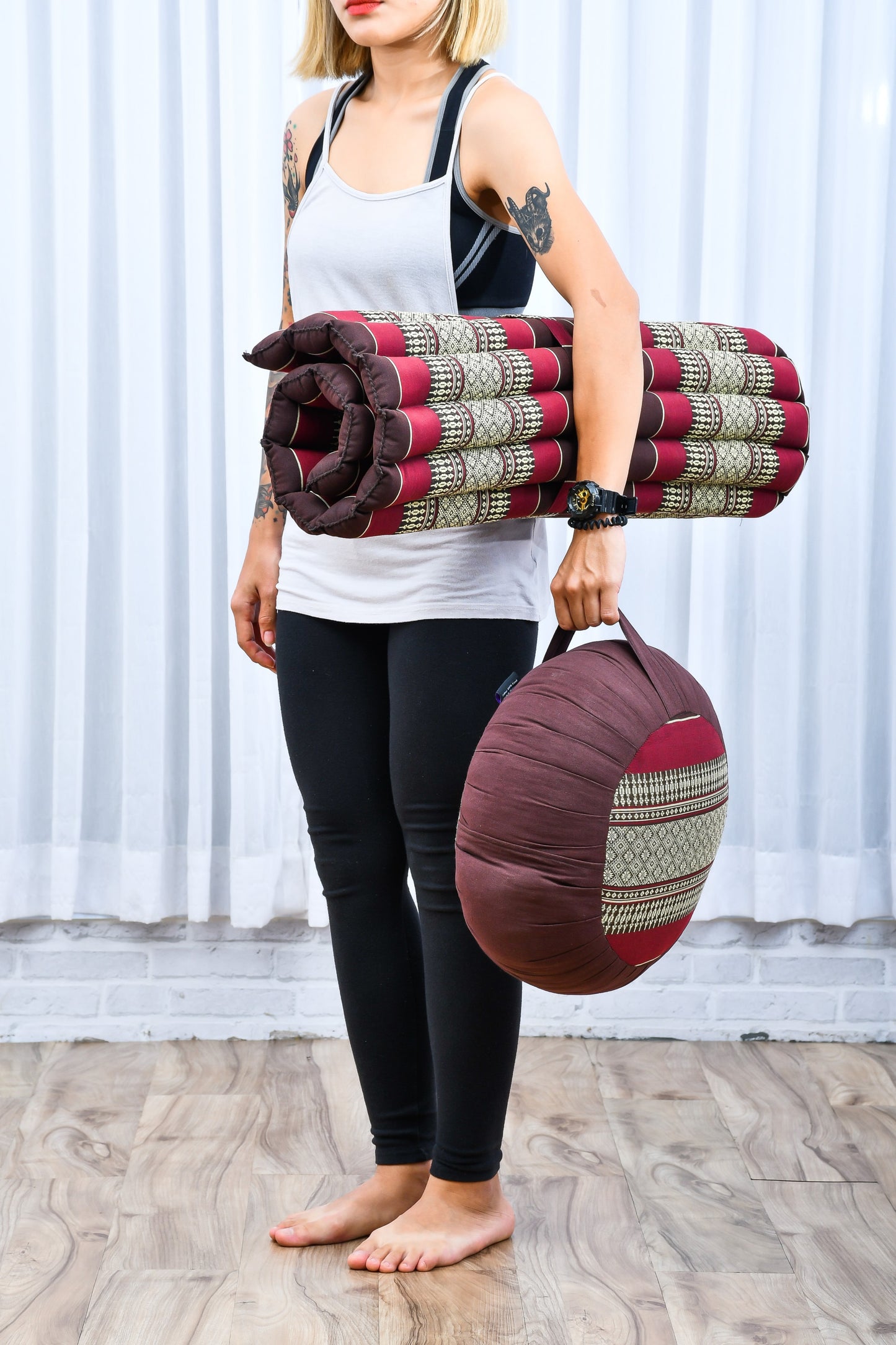 Kapok Meditation Cushion Set – Zabuton Mat & Zafu Seat Cushion with Cotton Cover, Sf19 - Red, Brown