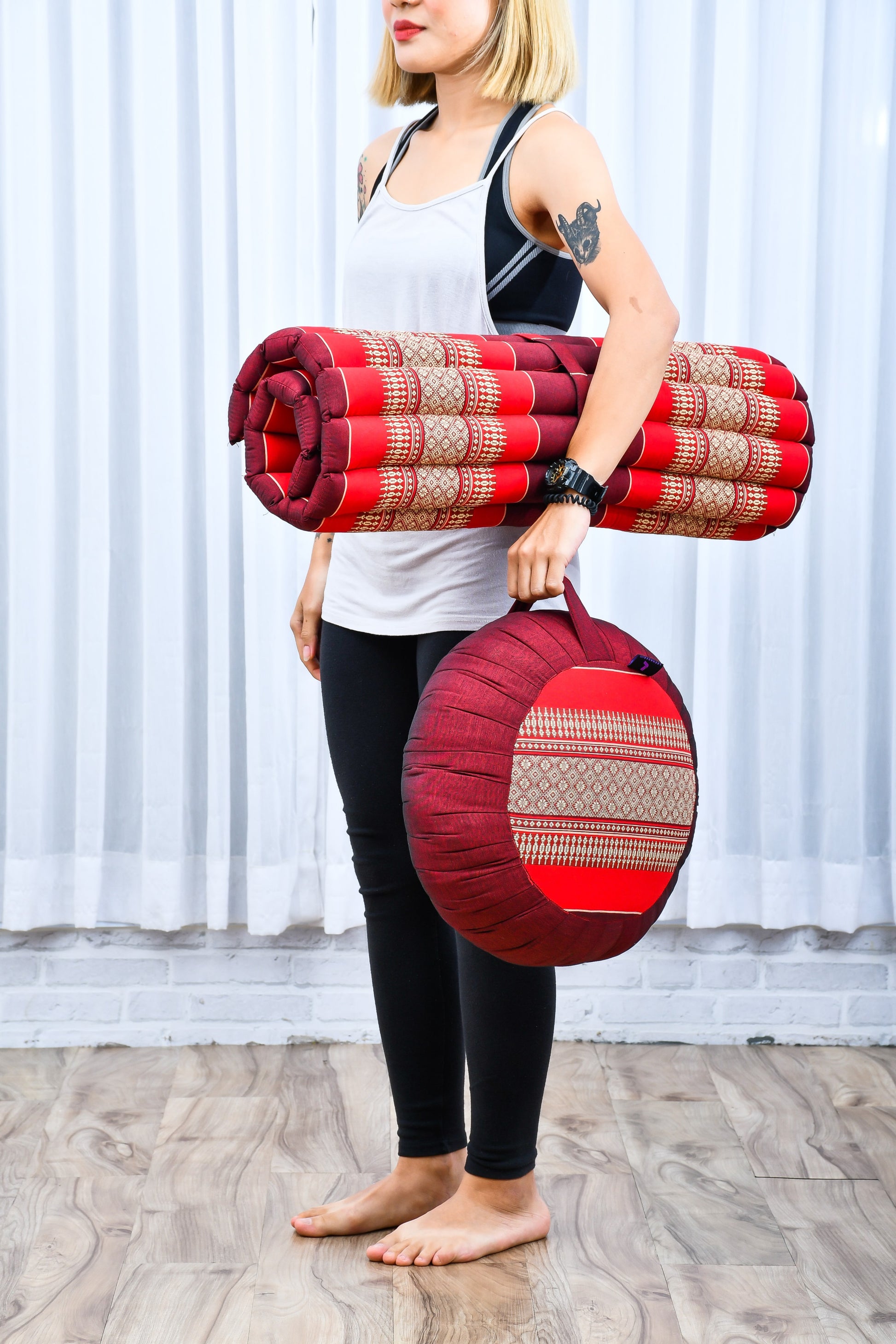 Large Kapok Zabuton Meditation Cushion – Rectangular Floor Mat with Cotton Cover, Sf24 - Red, Brown