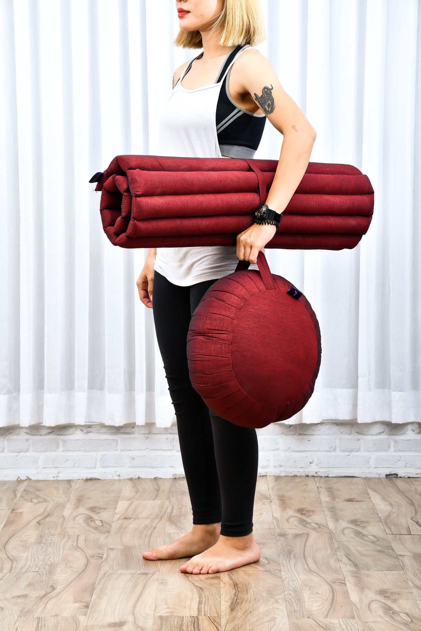 Kapok Meditation Cushion Set – Zabuton Mat & Zafu Seat Cushion with Cotton Cover, Cl24 - Red