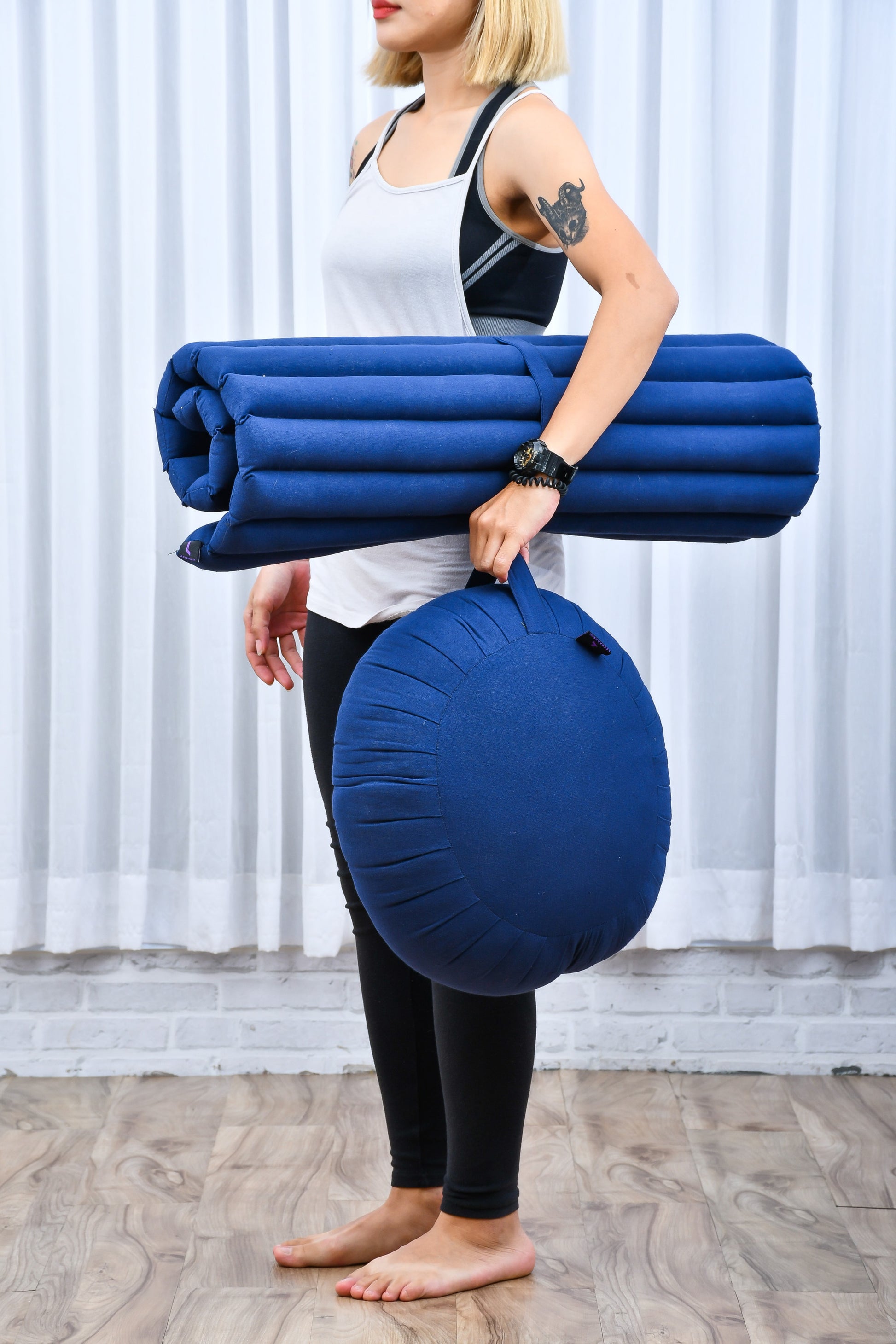 Kapok Meditation Cushion Set – Zabuton Mat & Zafu Seat Cushion with Cotton Cover, Cl44 - blue
