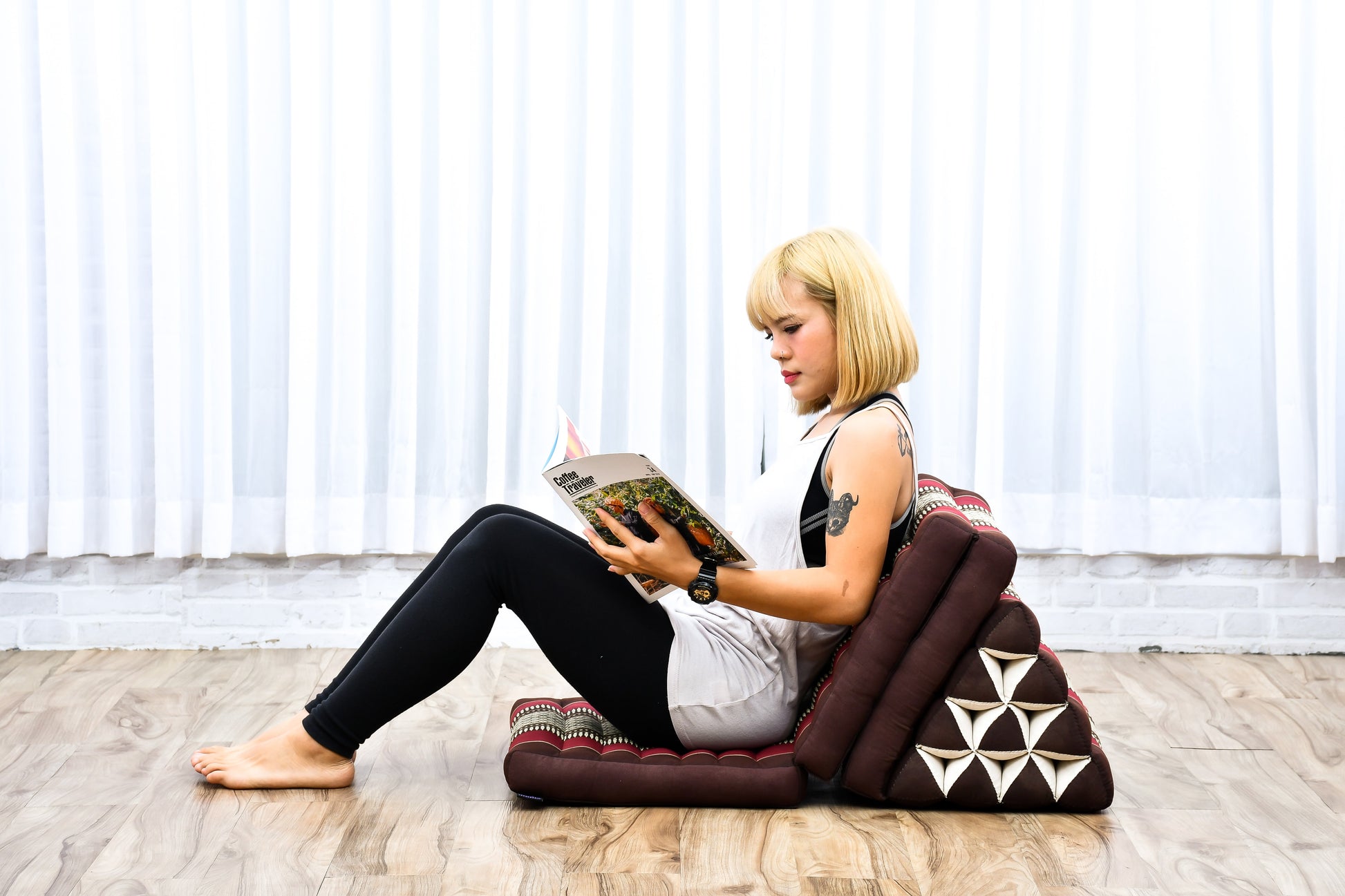 Thai Folding Mat with Triangle Cushion – Handmade Kapok Relax Mat for Sleeping, Reading & Lounging, Sf19 - Red, Brown, 3 seating segments