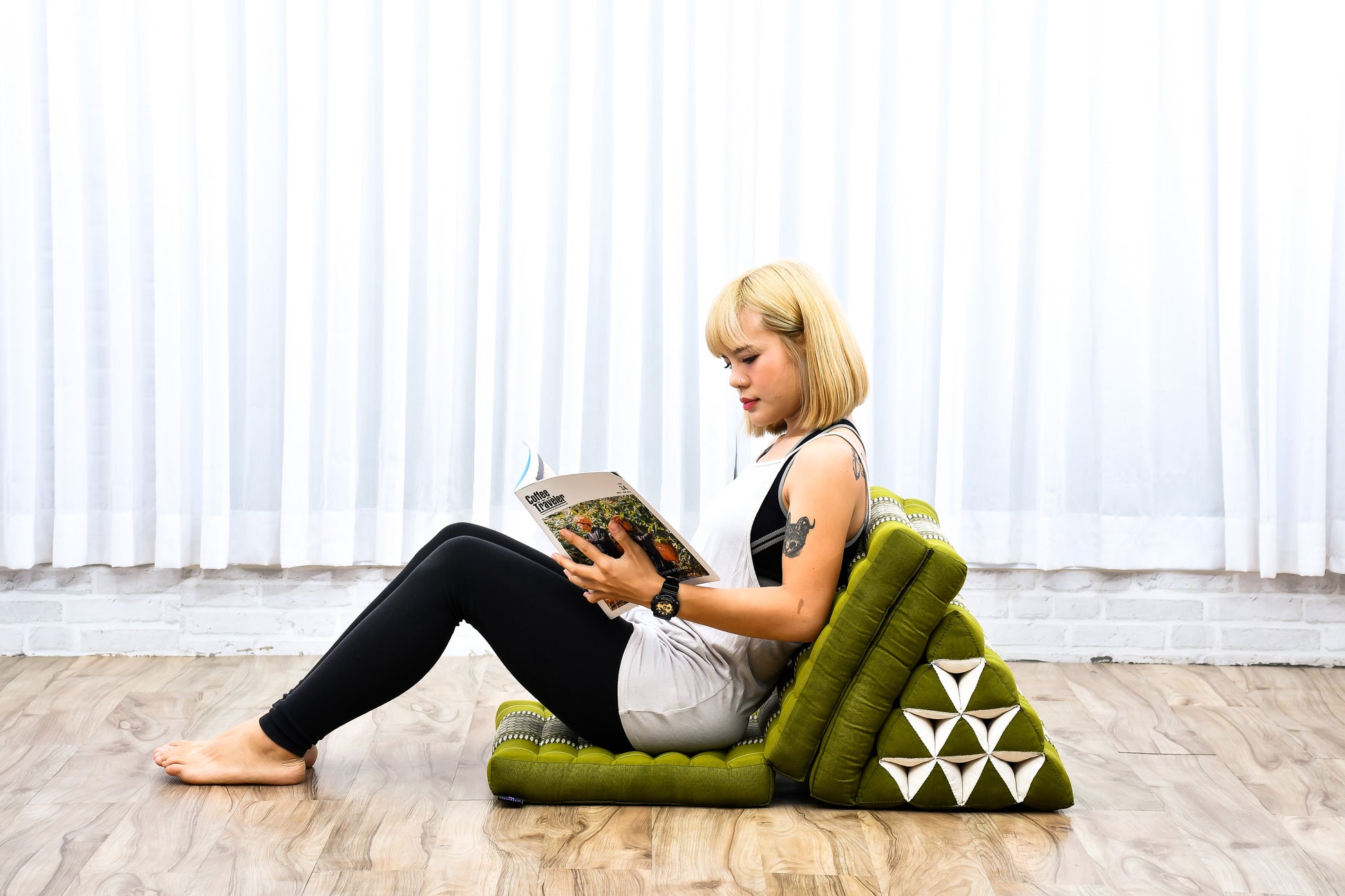 Thai Folding Mat with Triangle Cushion – Handmade Kapok Relax Mat for Sleeping, Reading & Lounging, Sf17 - Green, 3 seating segments