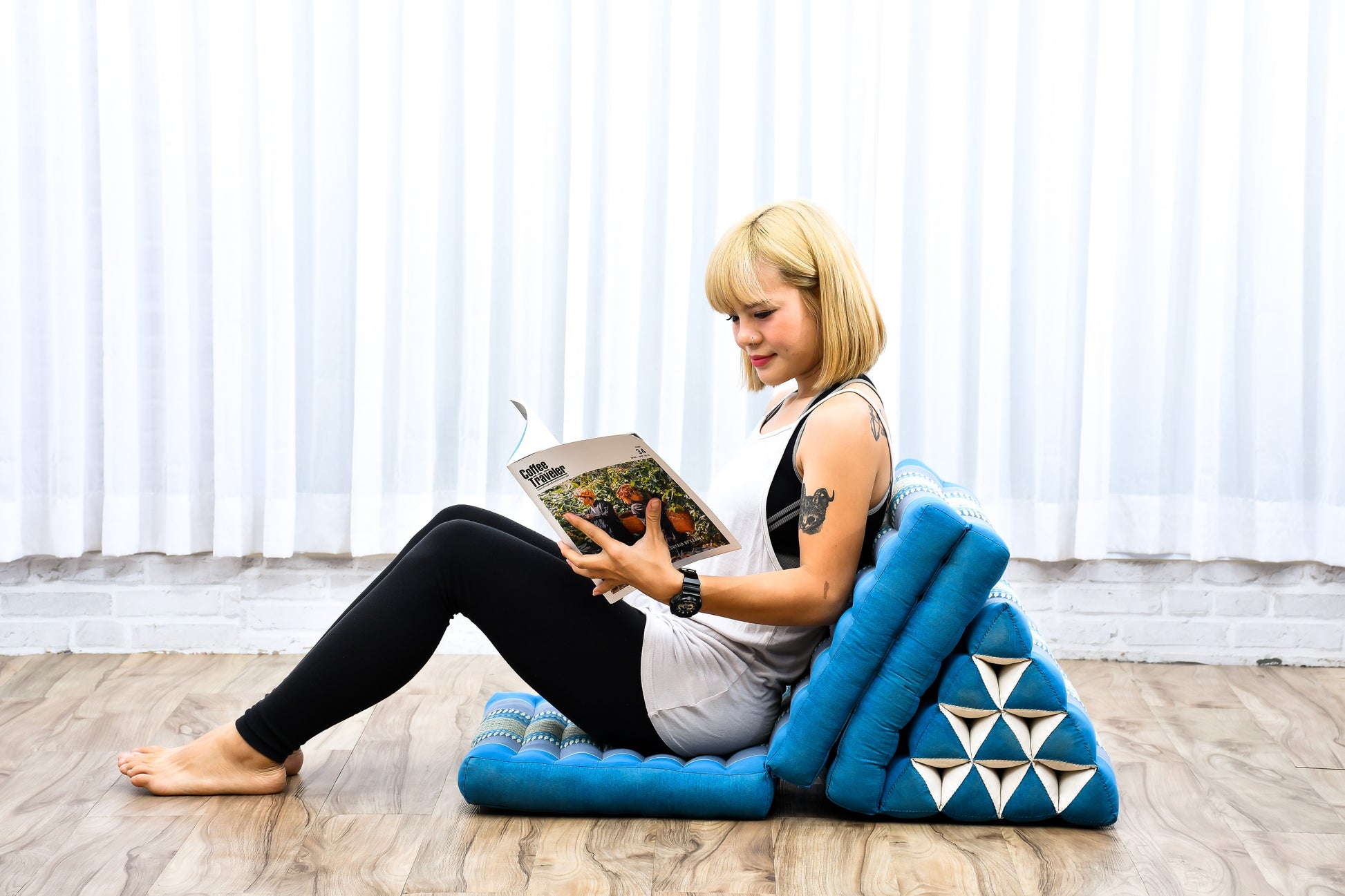 Thai Folding Mat with Triangle Cushion – Handmade Kapok Relax Mat for Sleeping, Reading & Lounging, Sf22 - Blue, 3 seating segments