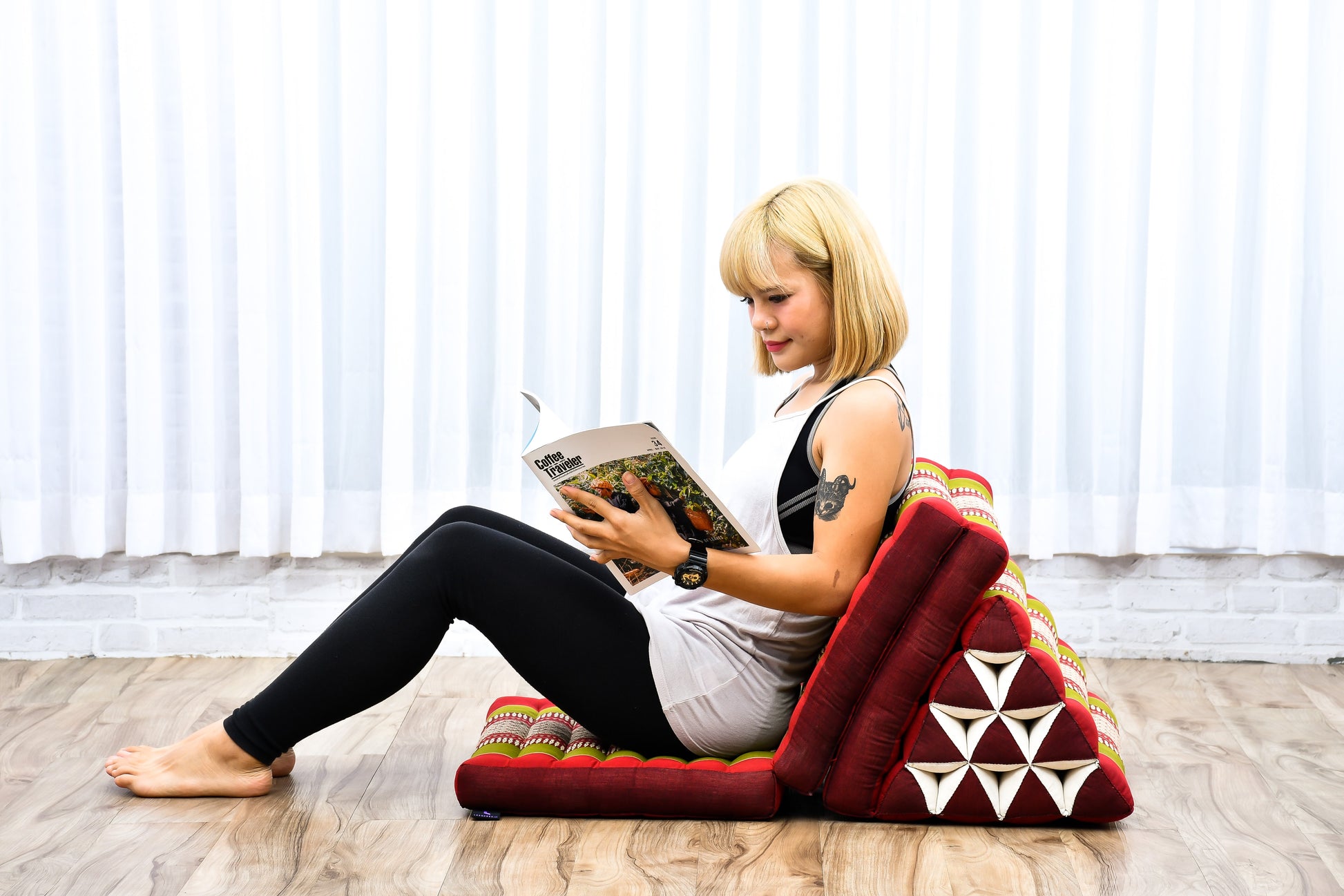 Thai Folding Mat with Triangle Cushion – Handmade Kapok Relax Mat for Sleeping, Reading & Lounging, Sf11 - Red, Green, 3 seating segments